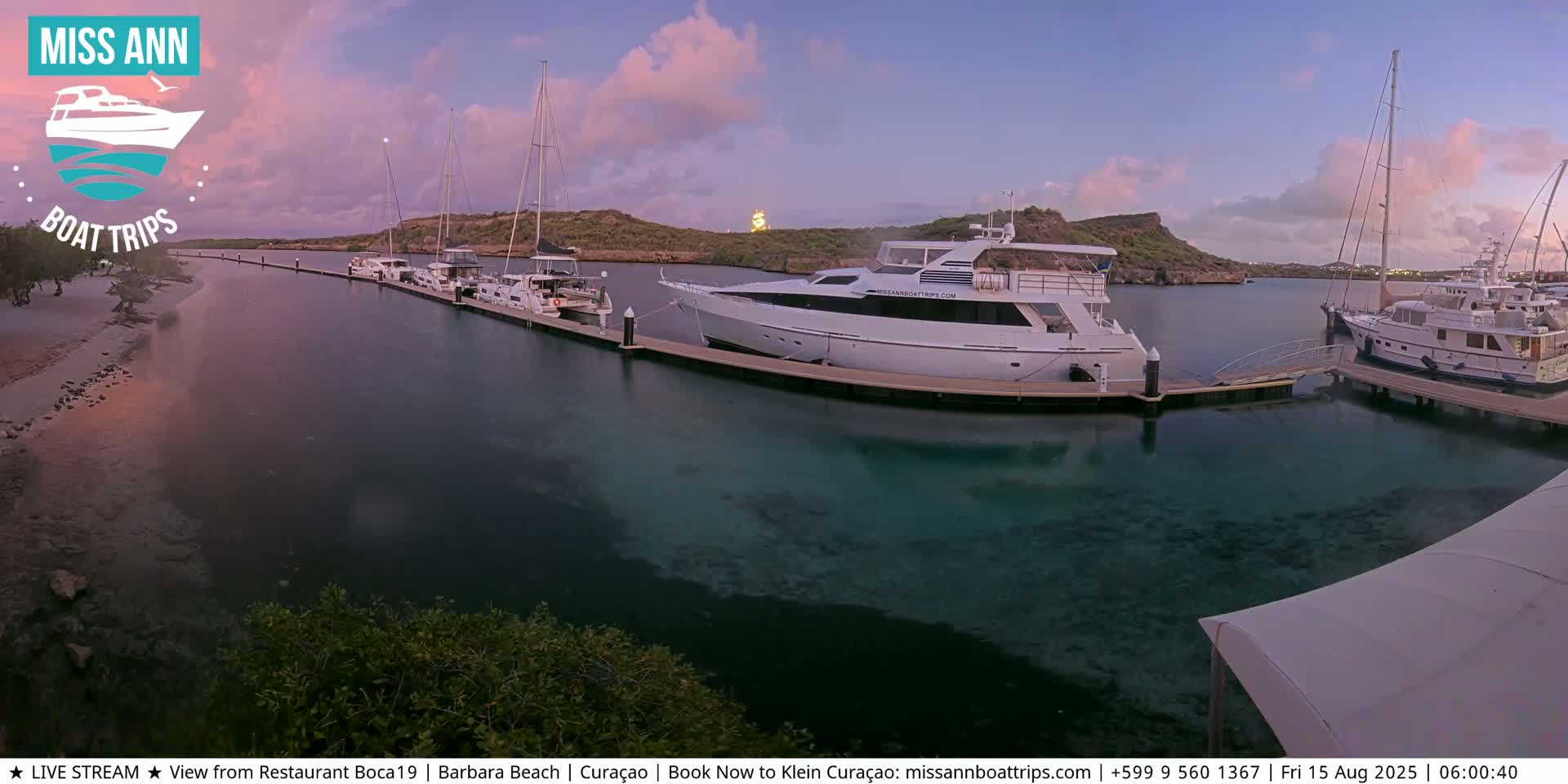 Several boats are moored at a marina at night under a partly cloudy sky.