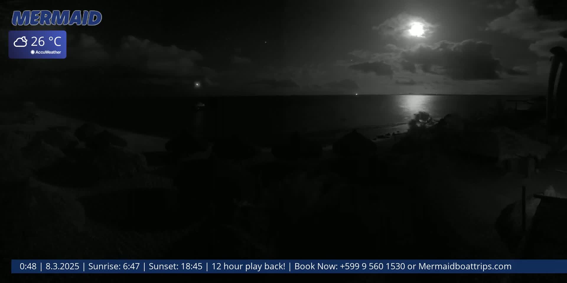 A nighttime view of a moonlit ocean shore, with partly cloudy skies and a temperature of 26°C.