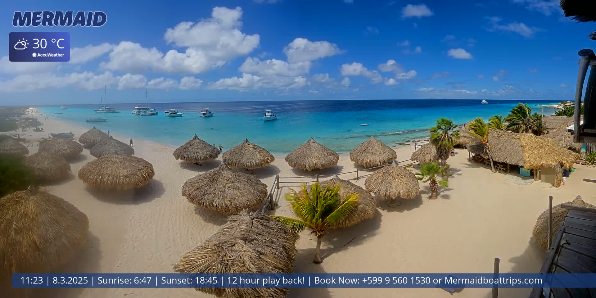 A sandy beach with numerous thatched umbrellas, several boats in the turquoise water, and a partly sunny sky.