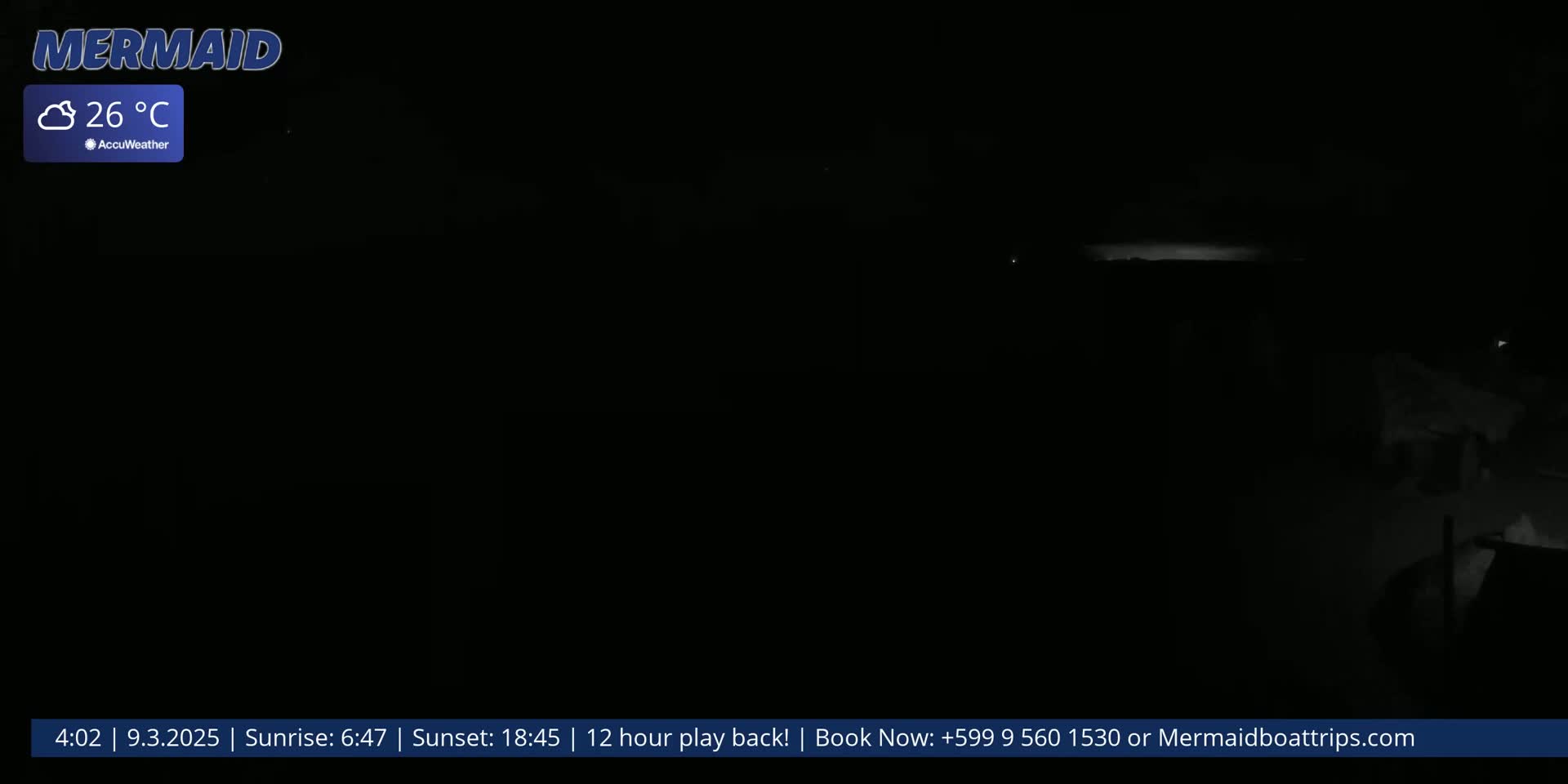 A mostly dark nighttime scene shows a faint, bright horizon line with some clouds; the temperature is 26°C.