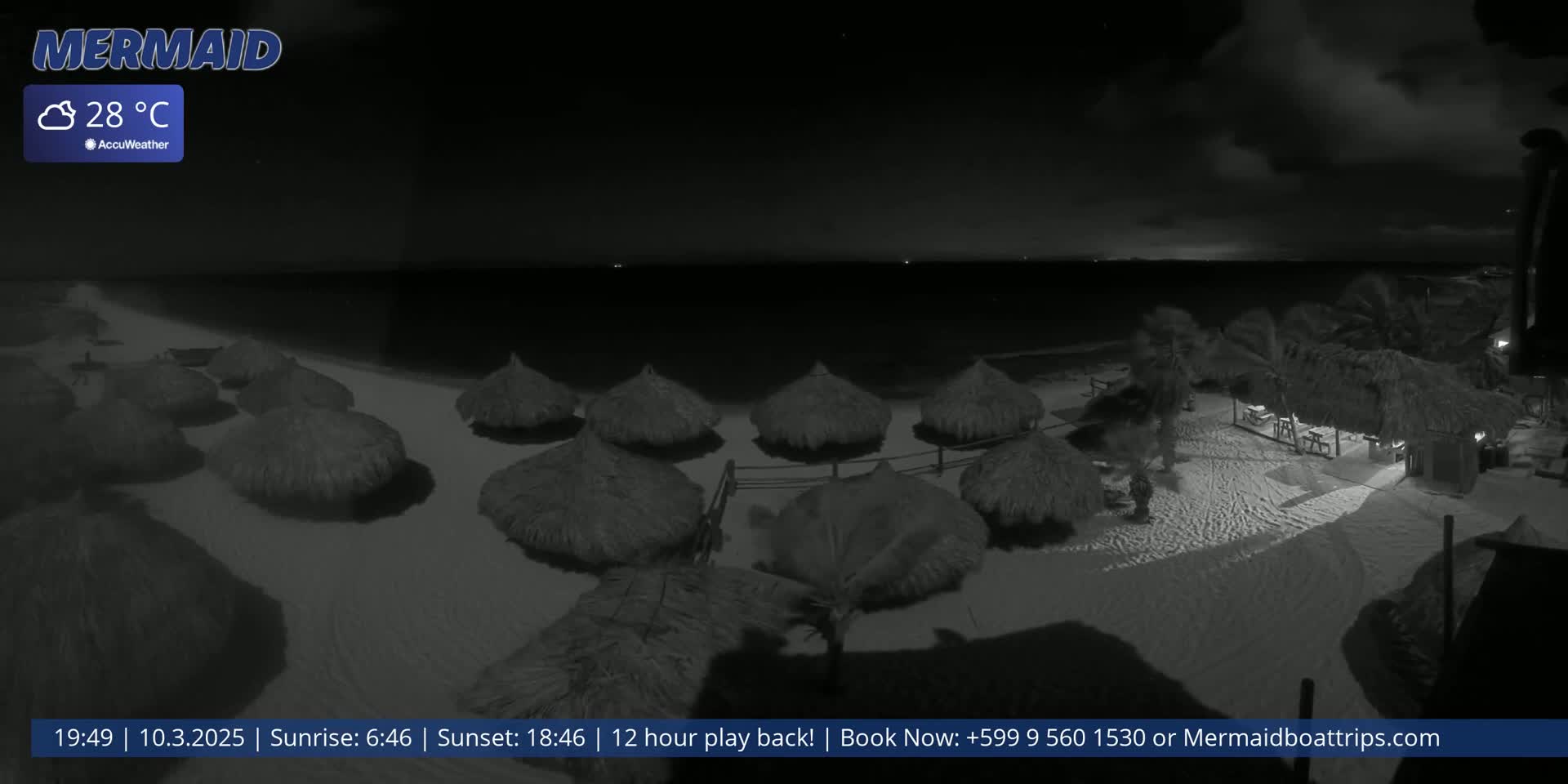 A nighttime beach scene shows several thatched umbrellas on a sandy beach under a partly cloudy sky, with a calm ocean in the background.