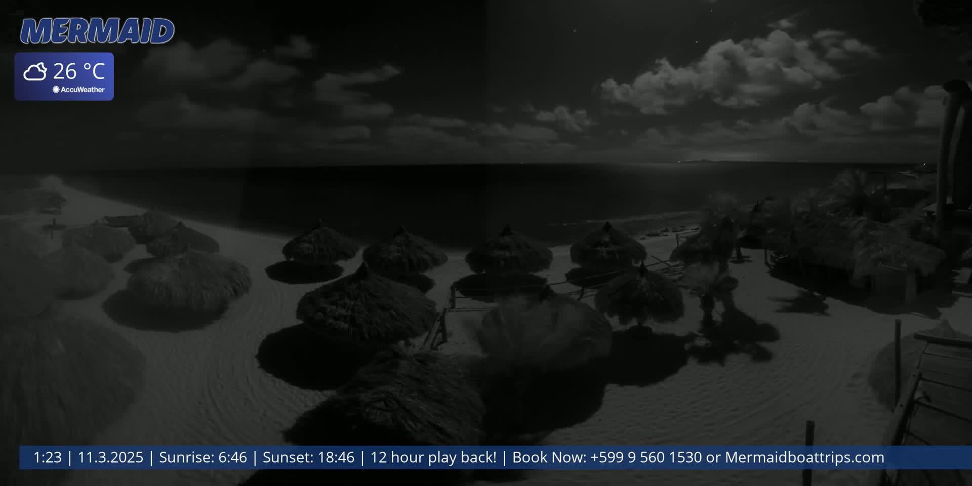 A nighttime beach scene with several thatched umbrellas on the sand under a partly cloudy sky, and a calm ocean in the background.