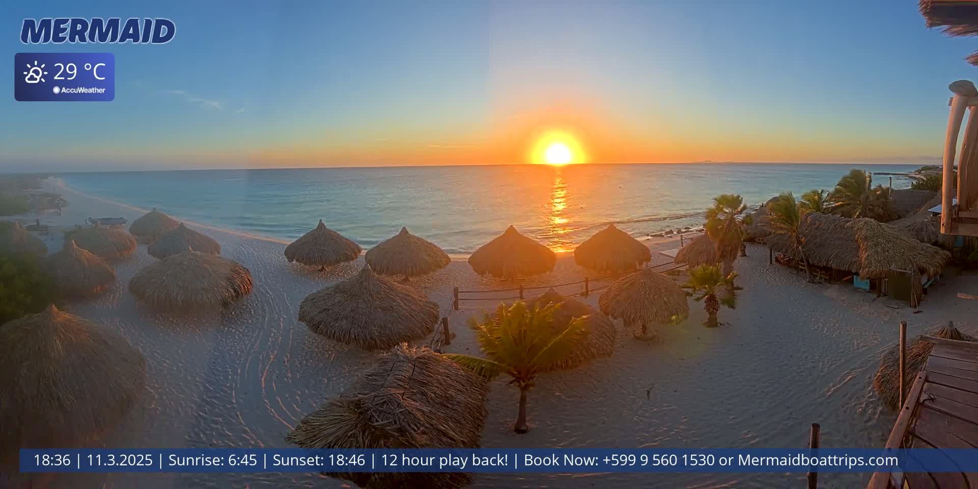 A beach scene at sunset shows numerous thatched umbrellas on a sandy beach with calm ocean waters and a warm temperature.