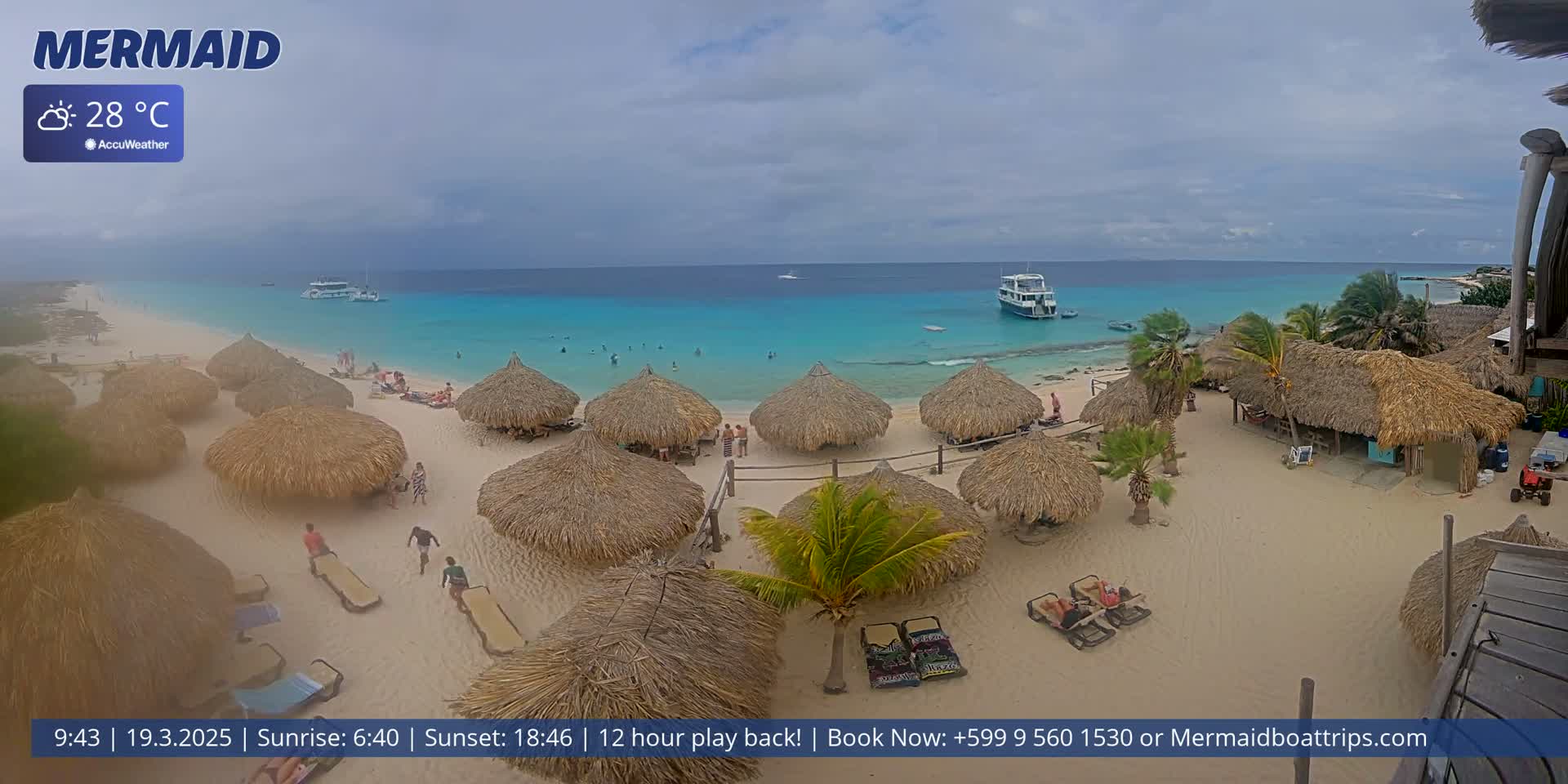 A sandy beach with numerous thatched-roof huts, people relaxing, and boats offshore under a partly cloudy sky.