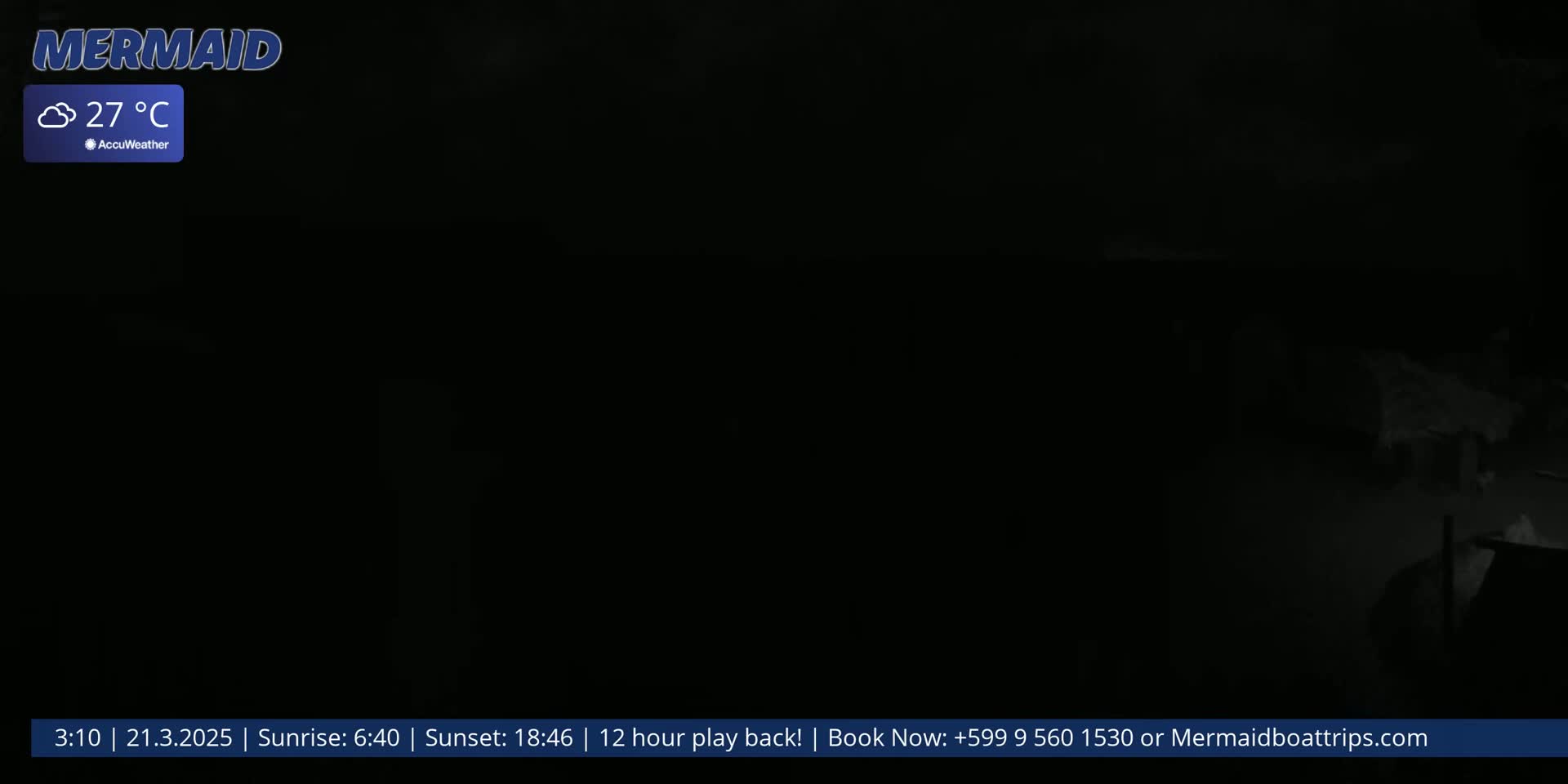 A mostly dark nighttime scene with cloudy conditions and a temperature of 27°C.