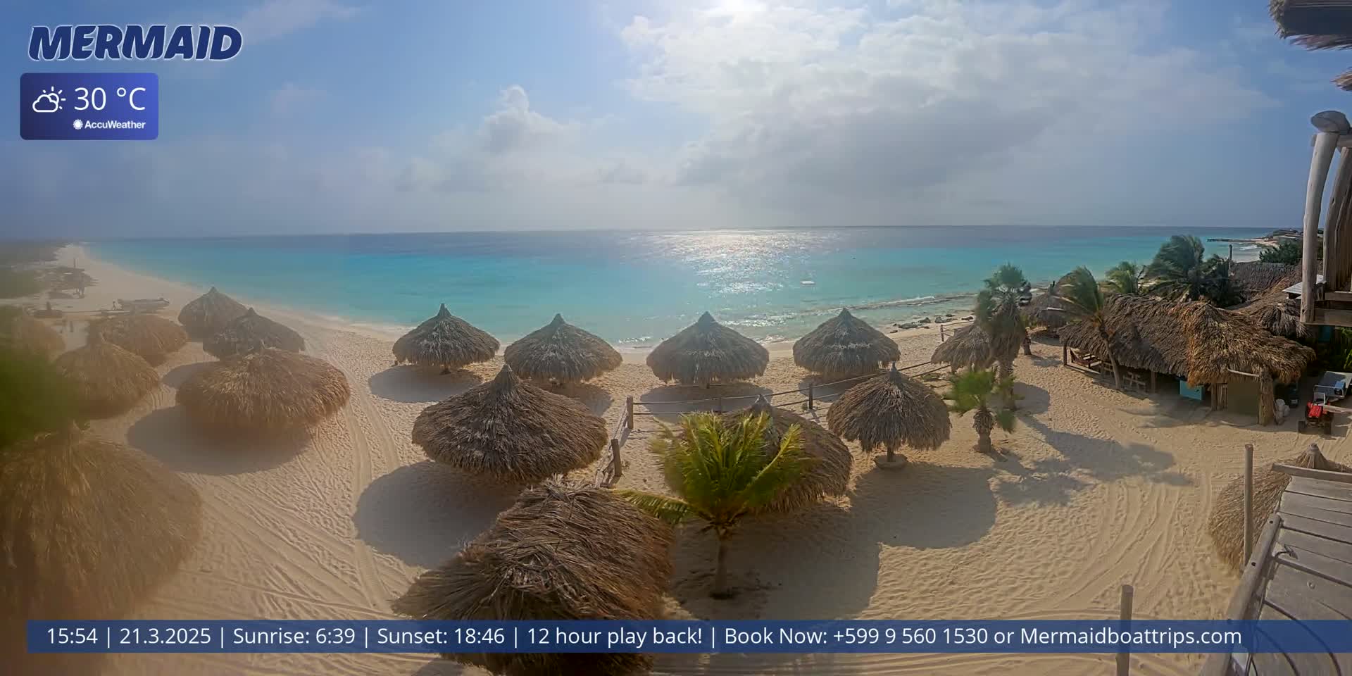 A sandy beach with numerous thatched umbrellas and beachfront huts is visible, under partly sunny skies, overlooking a calm, turquoise ocean.