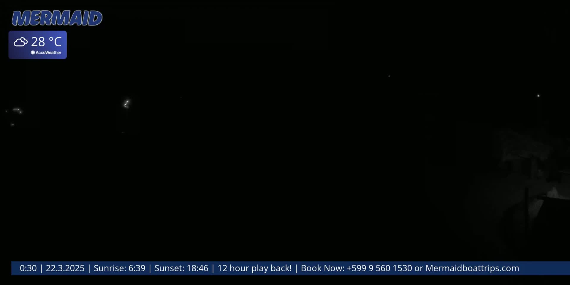 A nighttime, cloudy scene showing faint lights in the distance, with a temperature of 28°C.