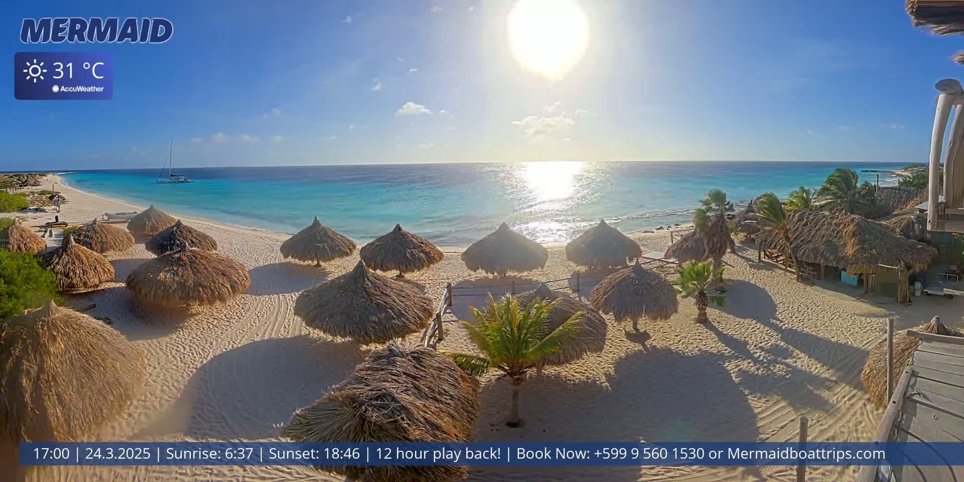 A sunny beach scene with numerous thatched umbrellas, a sailboat in the distance, and turquoise water under a bright, mostly clear sky.