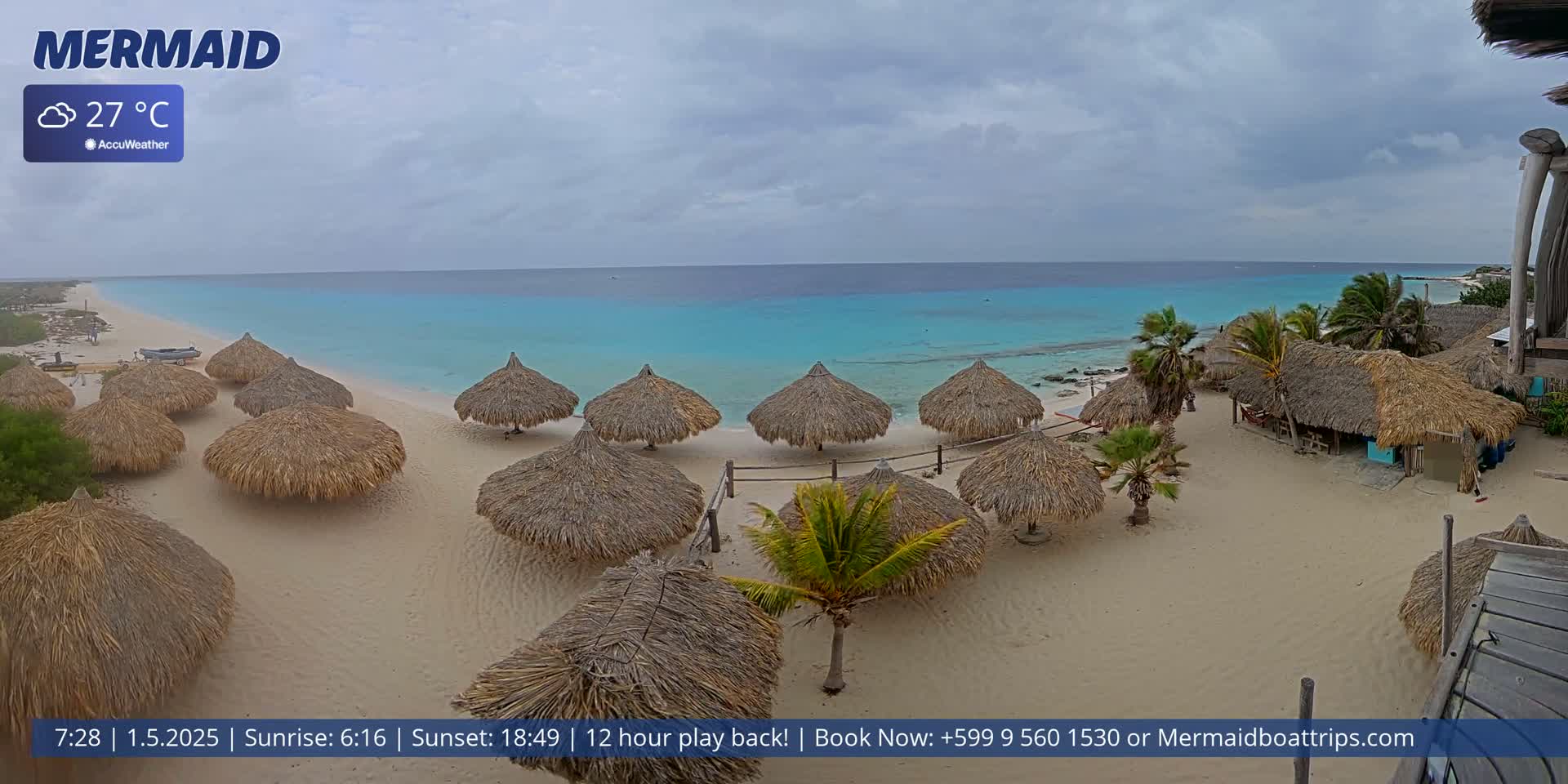 A sandy beach with numerous thatch-roofed umbrellas overlooks a calm, turquoise ocean under an overcast sky.