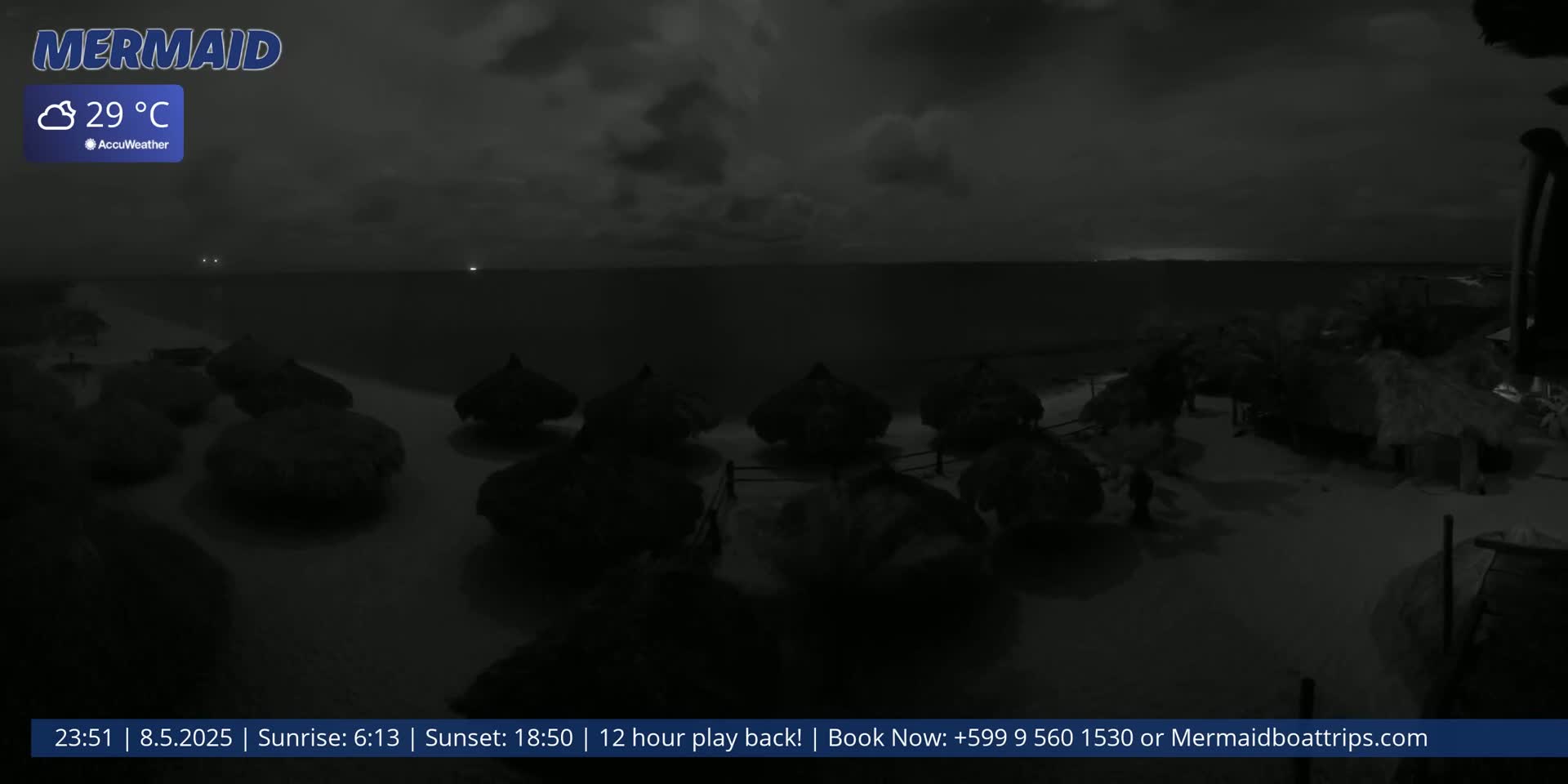 A nighttime beach scene shows several dark, thatched structures on a sandy area near a dark ocean under a cloudy sky.