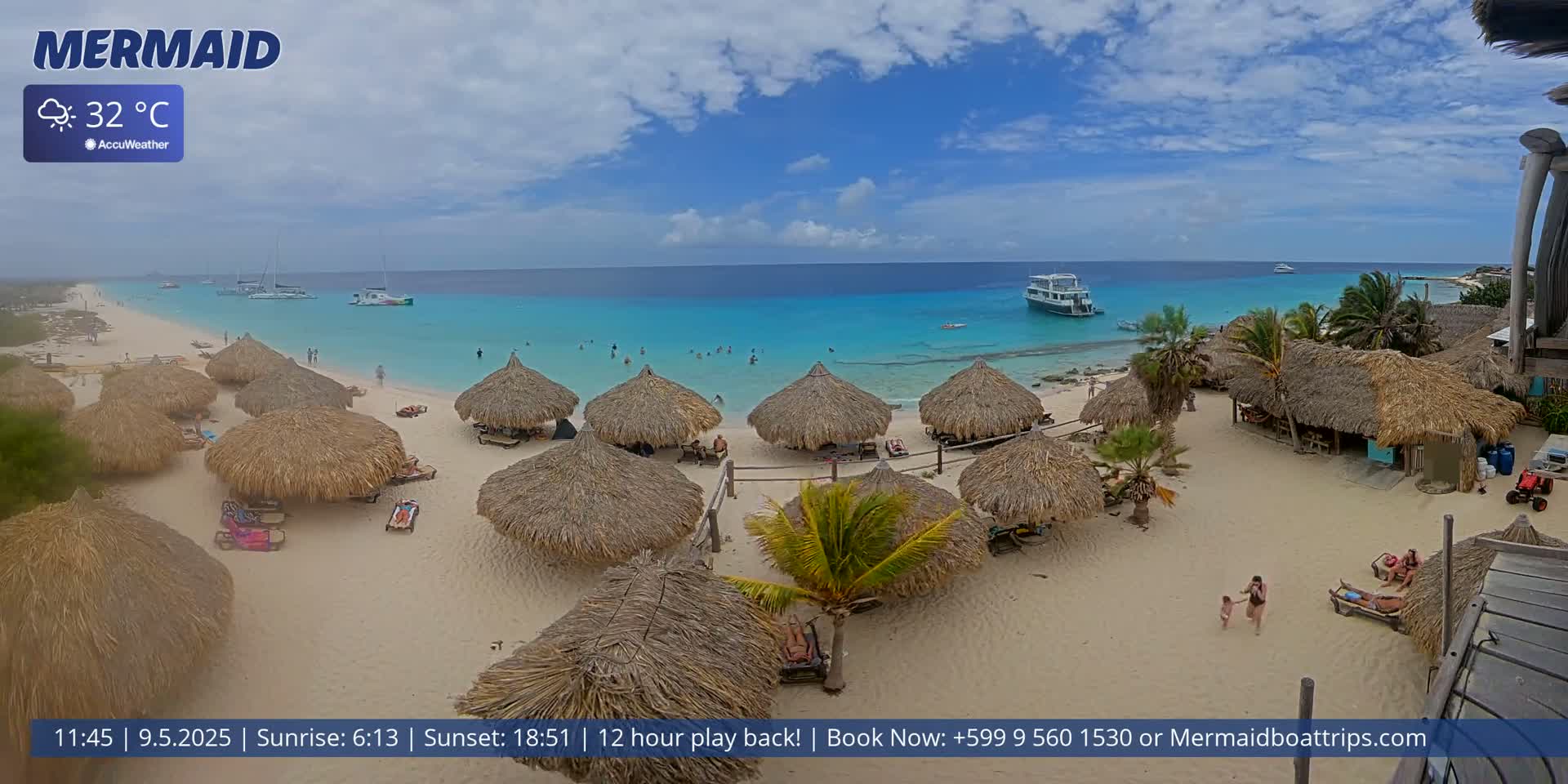 A beach with numerous thatched-roof huts, some people, and boats in turquoise water under a partly cloudy sky.