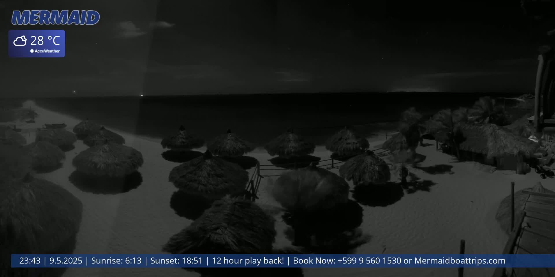 A nighttime beach scene shows numerous thatch umbrellas on the sand, with a dark ocean visible in the background under a mostly clear sky.