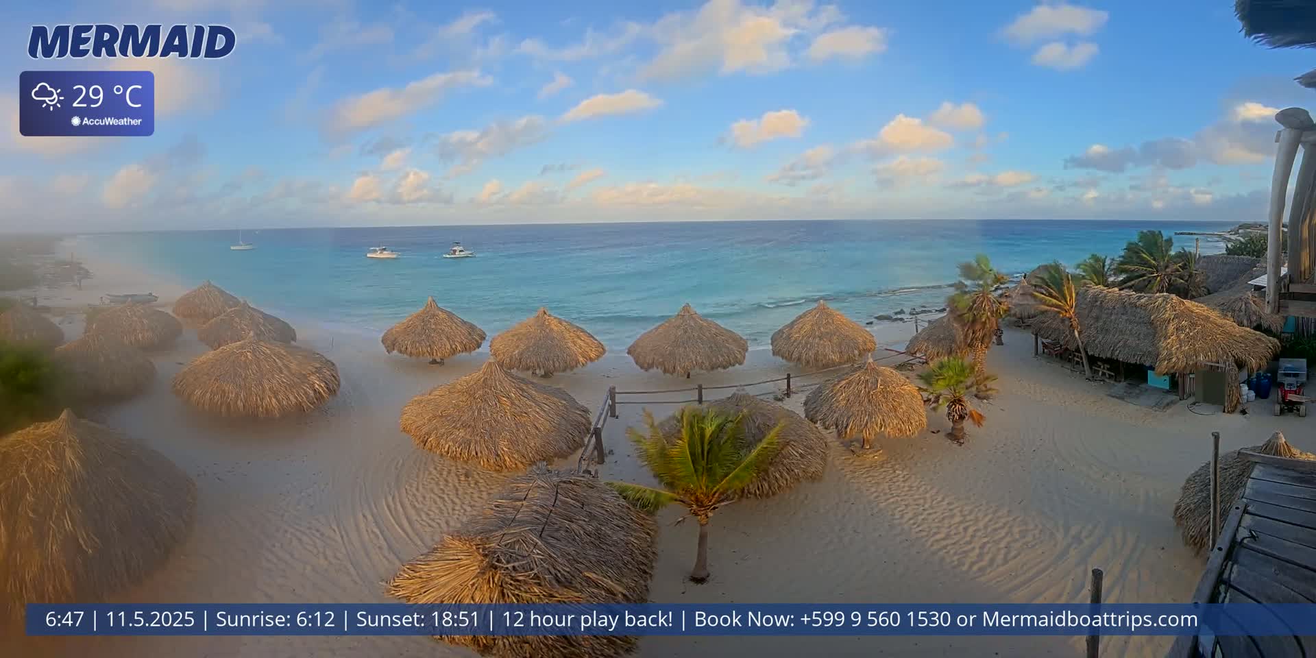 A sandy beach with numerous thatched-roof umbrellas, palm trees, and a few small boats offshore under a partly cloudy sky, the temperature is 29°C.