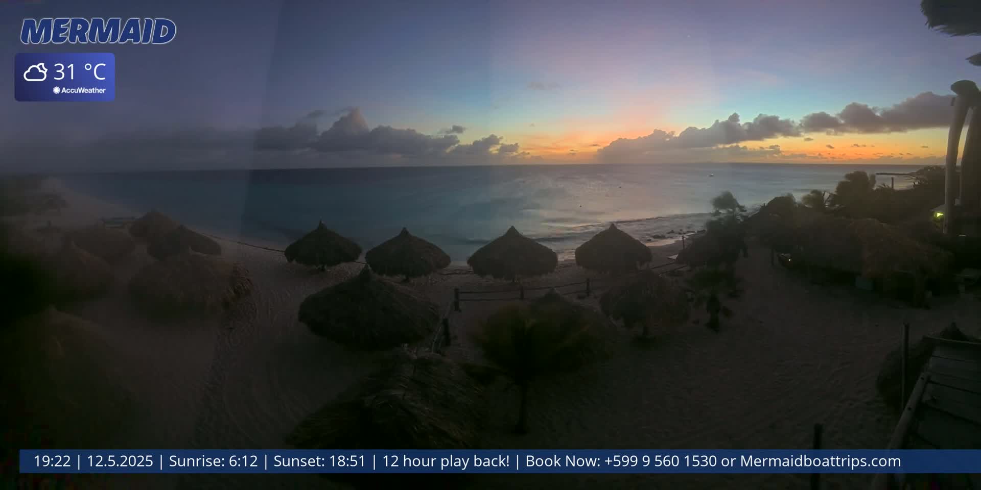 A beach scene at sunset, showing several thatched umbrellas on a sandy beach with calm ocean waves under a partly cloudy sky.
