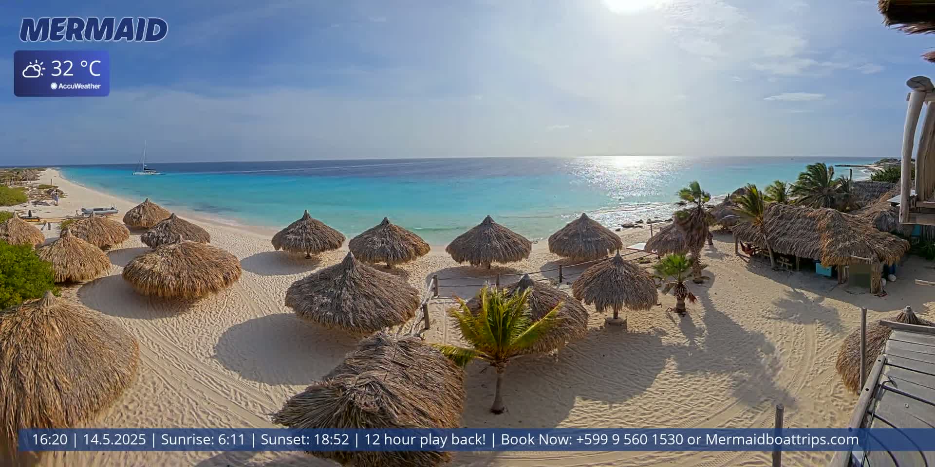 A sunny beach with numerous thatched umbrellas, a calm turquoise ocean, and palm trees.