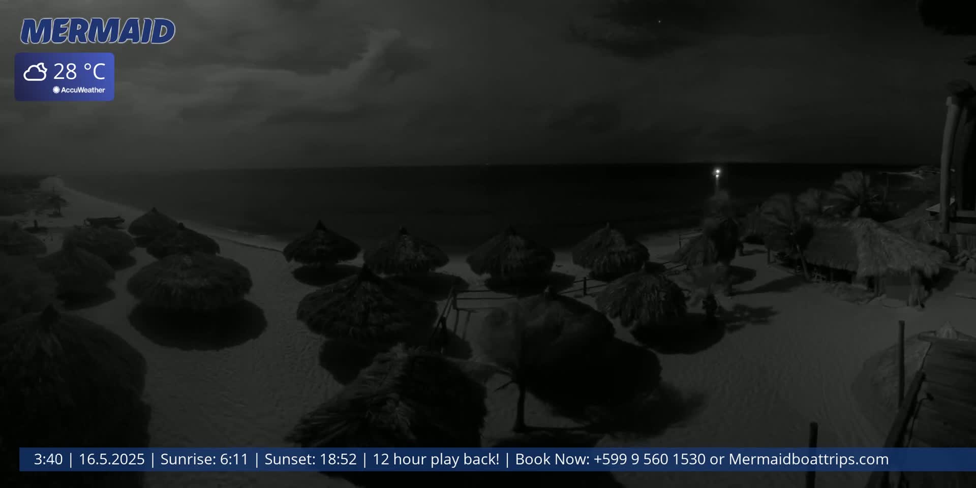 A nighttime beach scene shows numerous thatched umbrellas on the sand, under a partly cloudy sky, with a calm ocean in the background.
