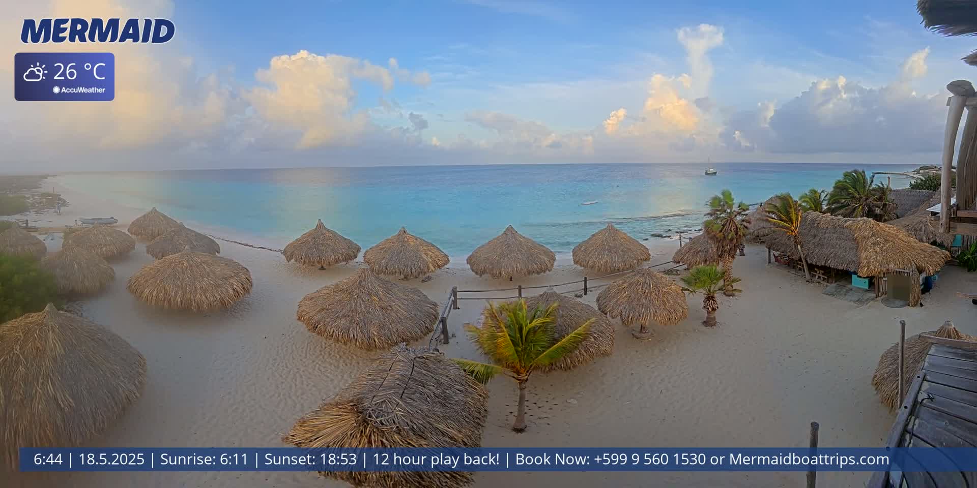 A beach with numerous thatched umbrellas and palm trees under a partly cloudy sky, overlooking a calm turquoise ocean.