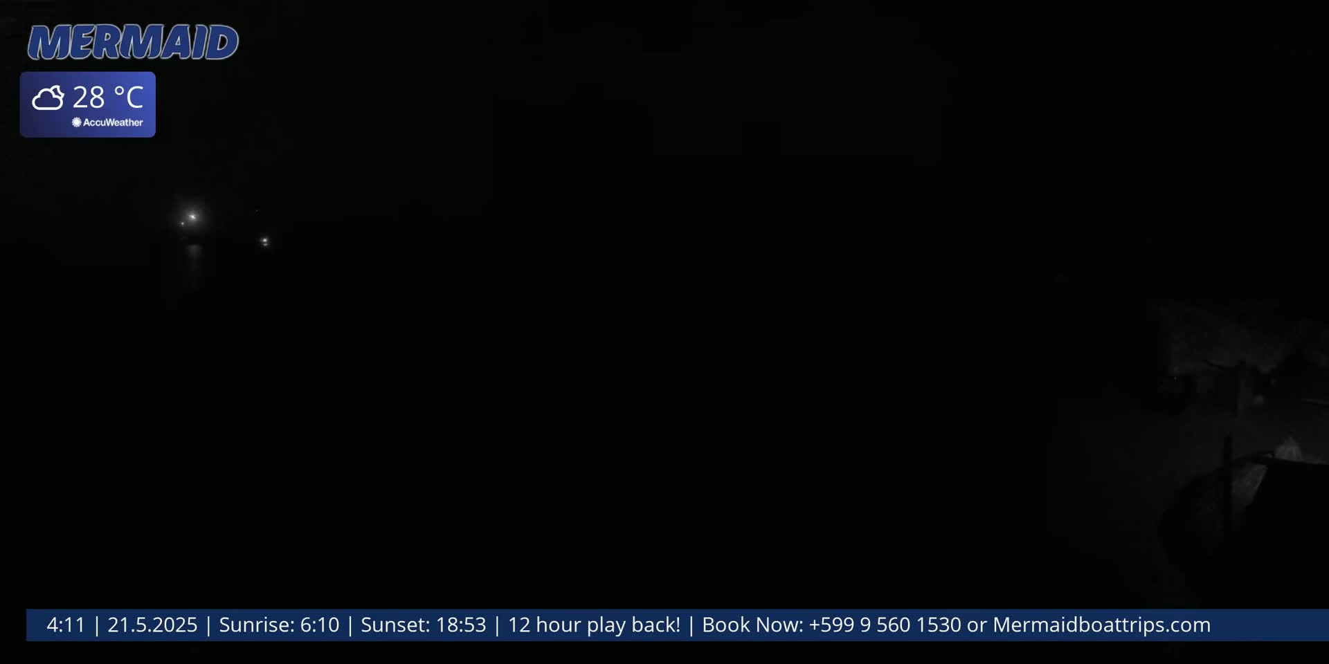 A dark, nighttime scene shows a few faint lights in the distance under cloudy skies, with a temperature of 28°C.