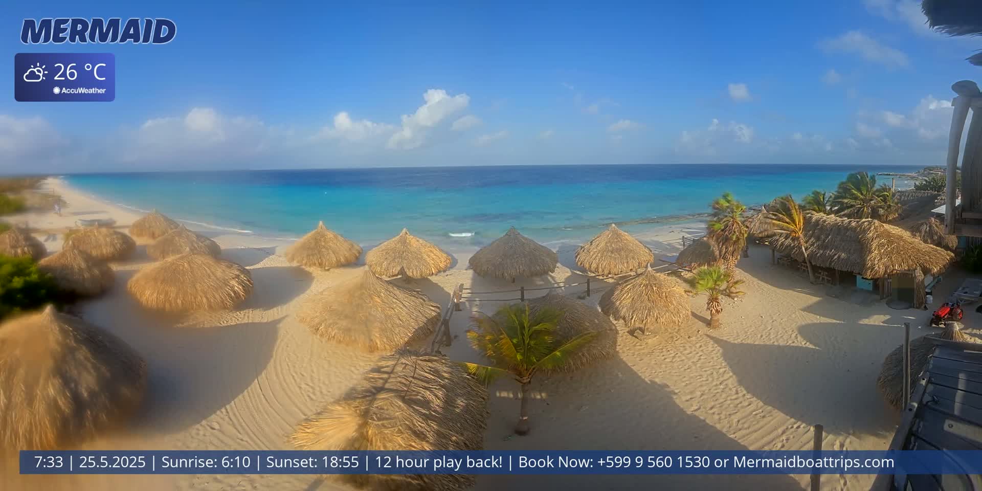 A sandy beach with numerous thatch-roofed umbrellas, a turquoise ocean, and partly cloudy skies under a bright sun.