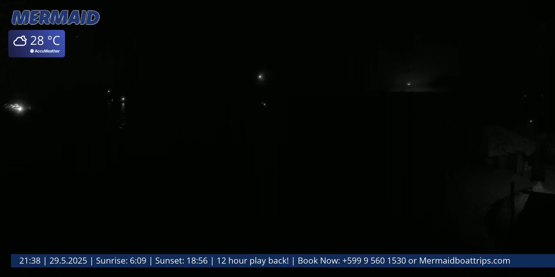 A nighttime, cloudy scene shows faintly illuminated areas of water and land at 28°C.
