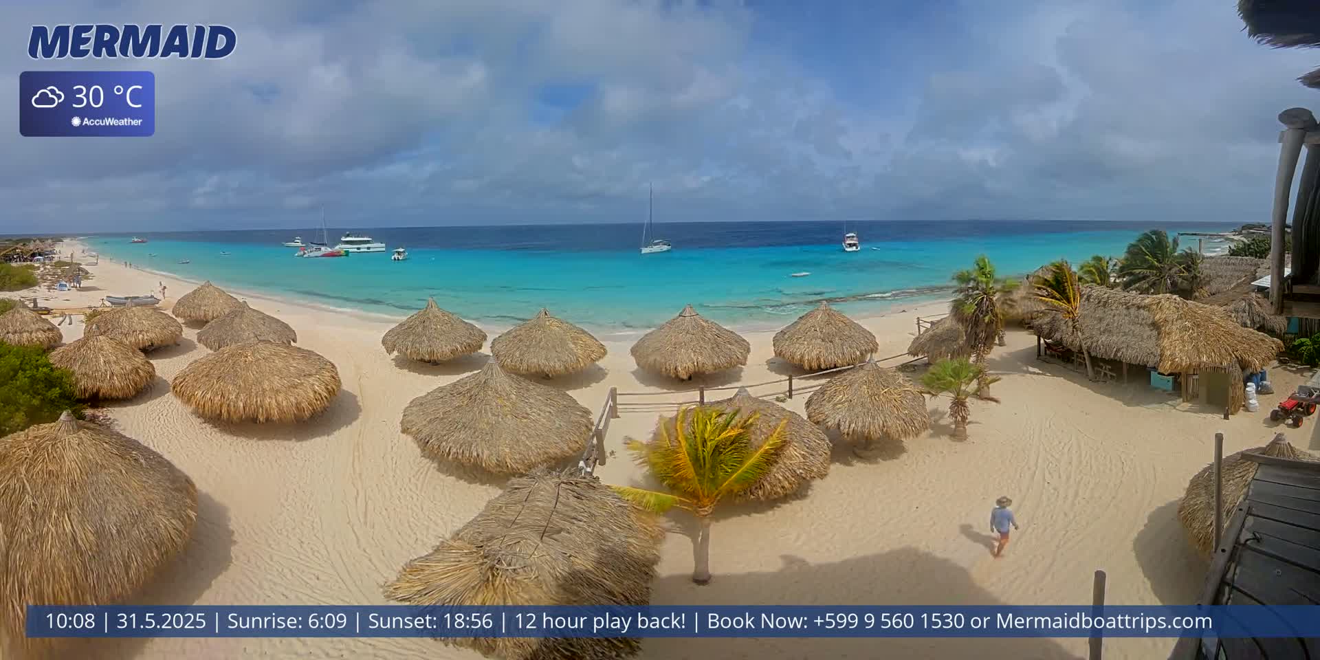 A sandy beach with numerous thatched-roof huts is shown, overlooking a calm turquoise ocean under partly cloudy skies.