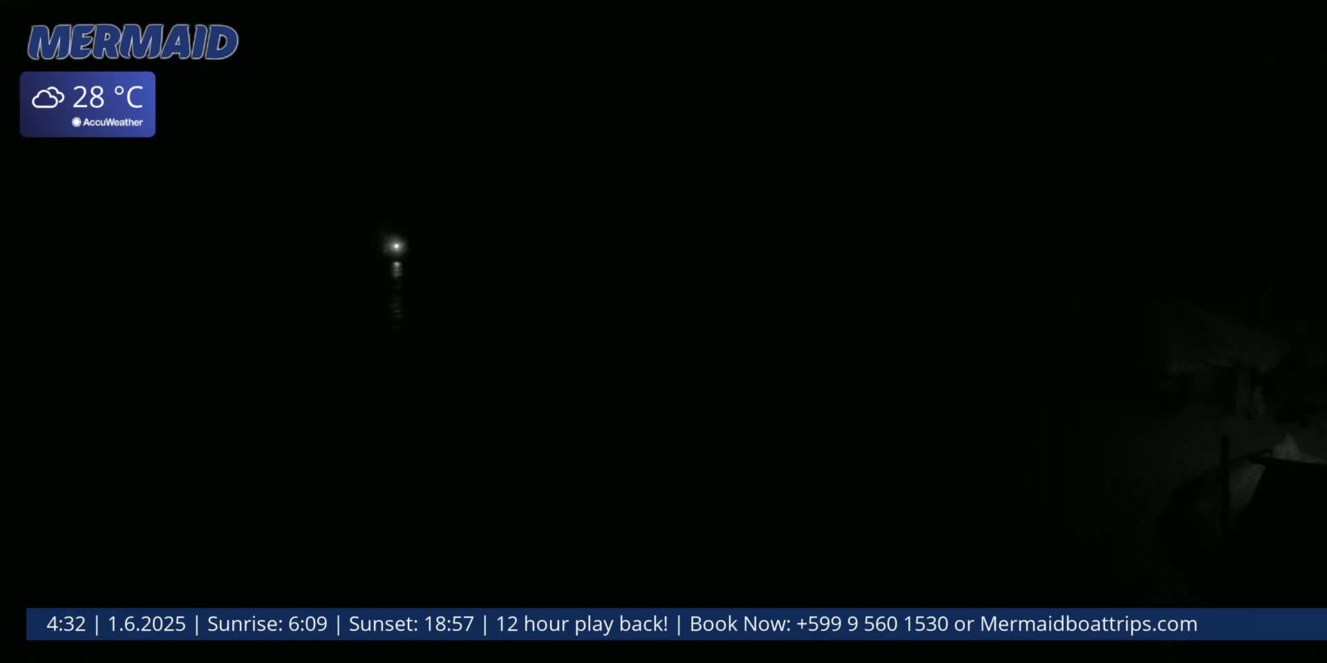 A dark, nighttime scene of water with a single, distant light source visible, under cloudy skies with a temperature of 28°C.