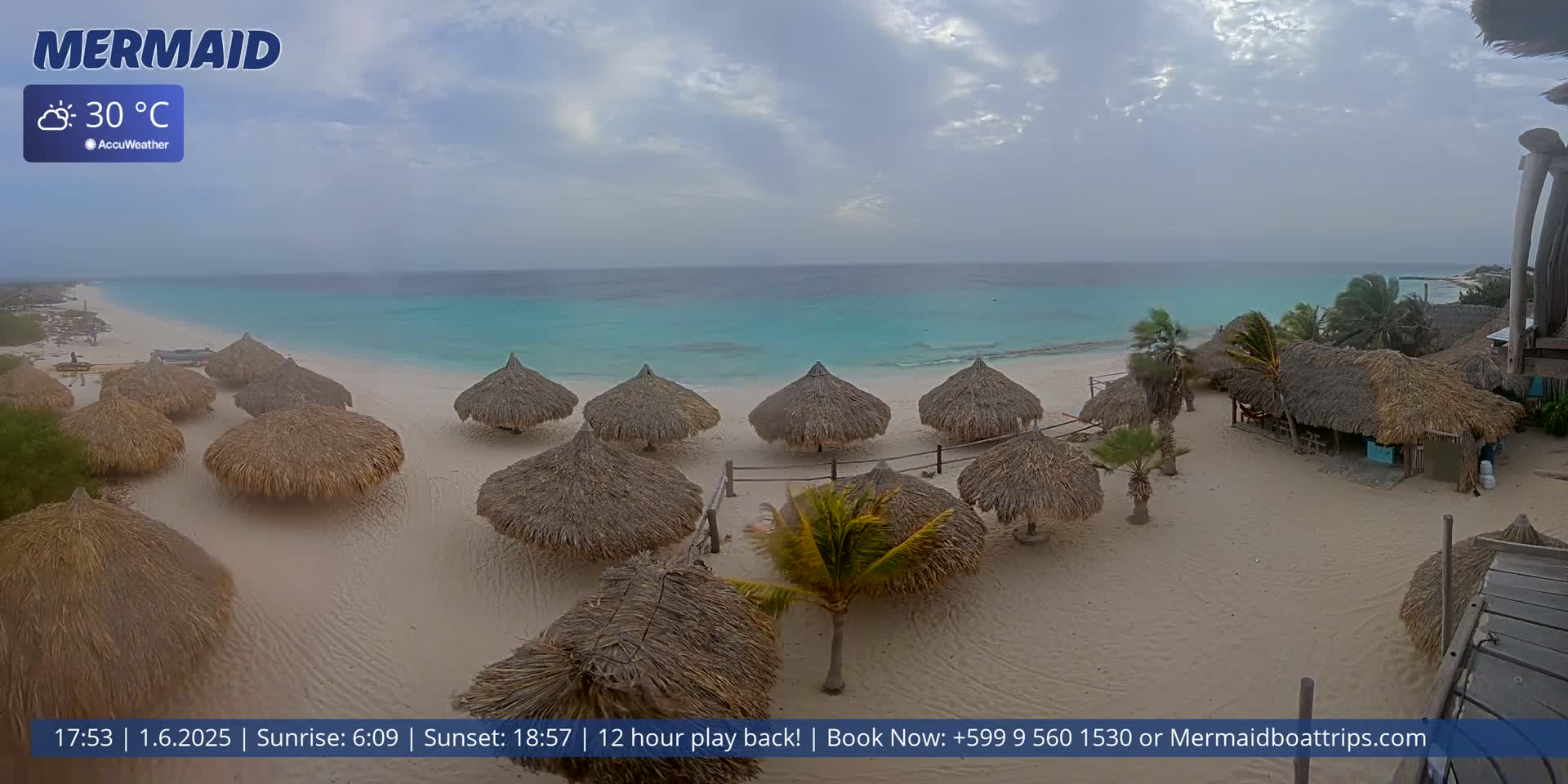 A beach with numerous thatched-roof huts is shown under a partly cloudy sky, with calm, turquoise water in the background.