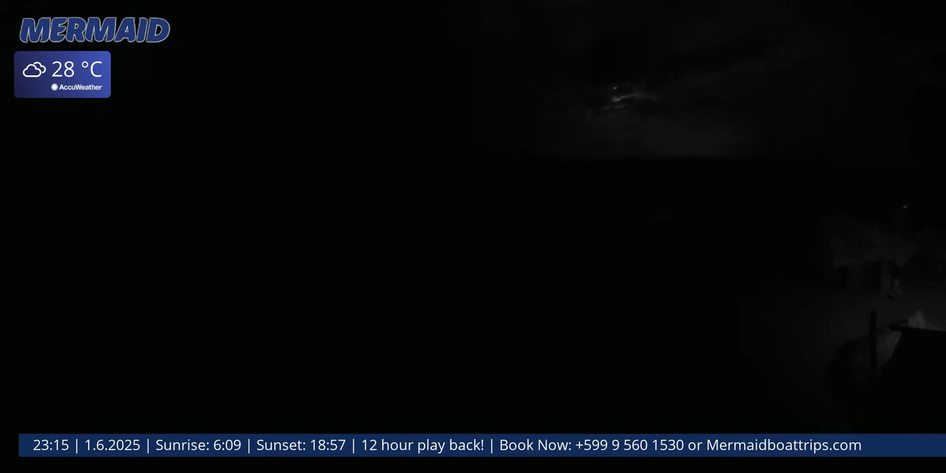 A dark nighttime scene shows a cloudy sky with faint light in the distance, under a 28°C temperature.