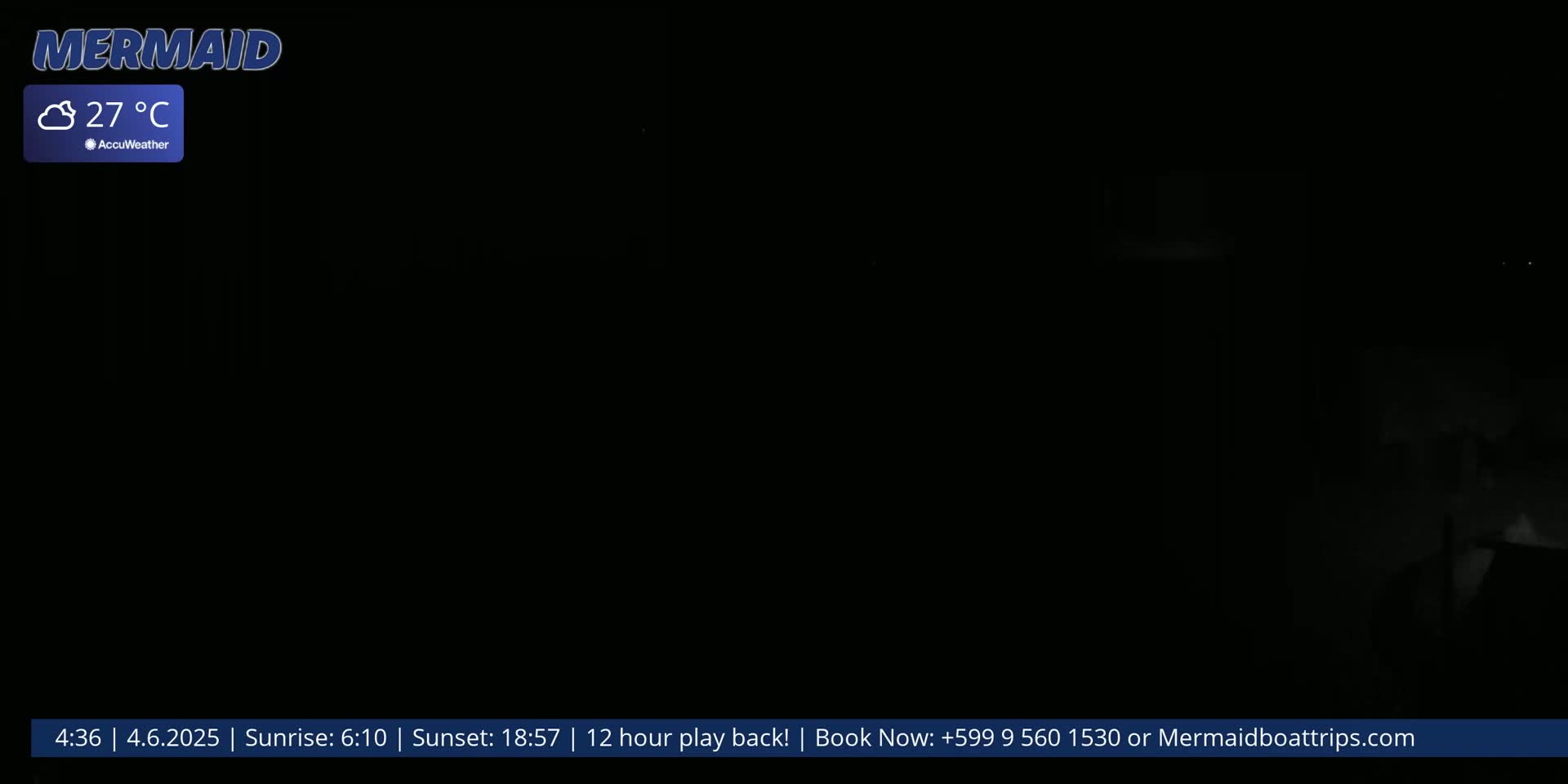 A mostly dark nighttime scene shows a faintly illuminated area in the lower right corner under cloudy skies at 27°C.