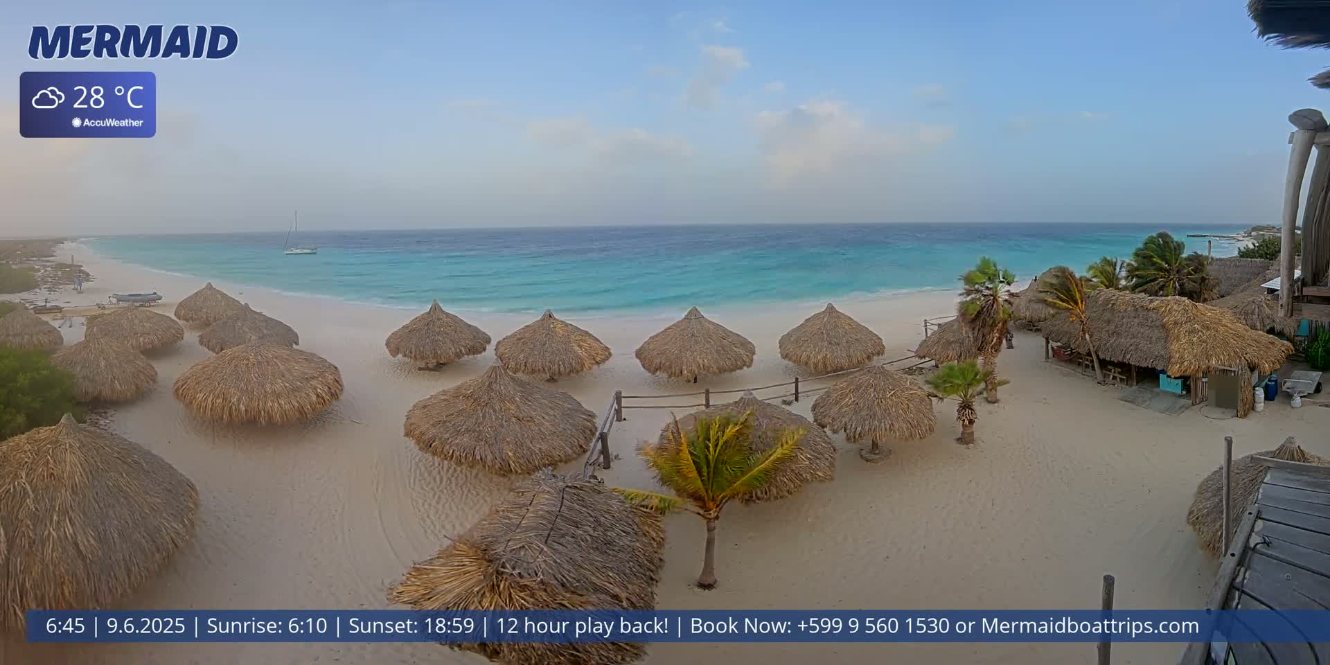 A sandy beach with numerous thatched-roof umbrellas, palm trees, and a beachfront structure is visible, overlooking a turquoise ocean under partly cloudy skies.