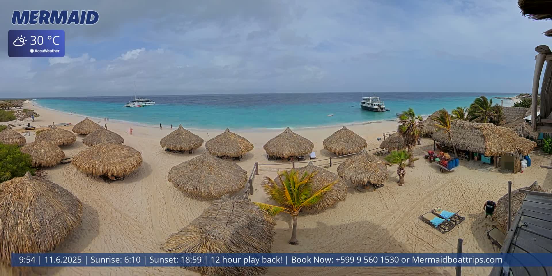 A partly cloudy, 30°C beach scene shows numerous thatched-roof beach umbrellas on a sandy shore with turquoise water, two boats offshore, and some people.