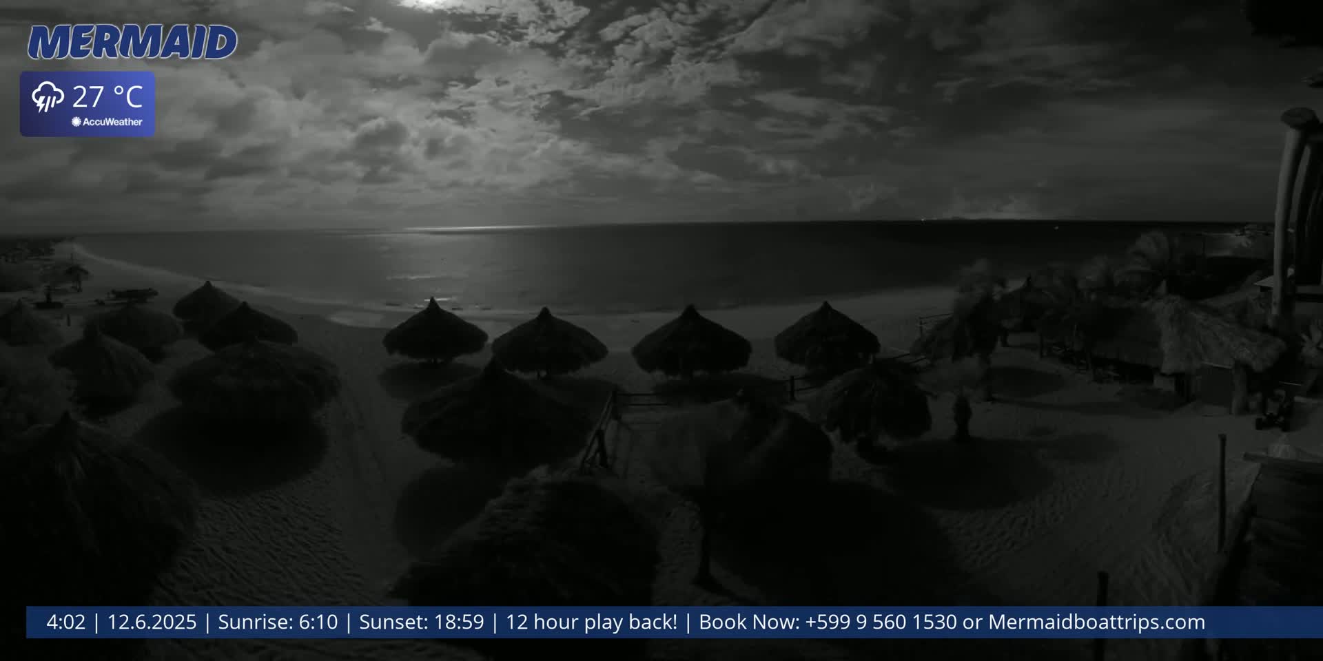 A nighttime beach scene under a cloudy sky shows several thatched-roof umbrellas on a sandy shore near a calm ocean.