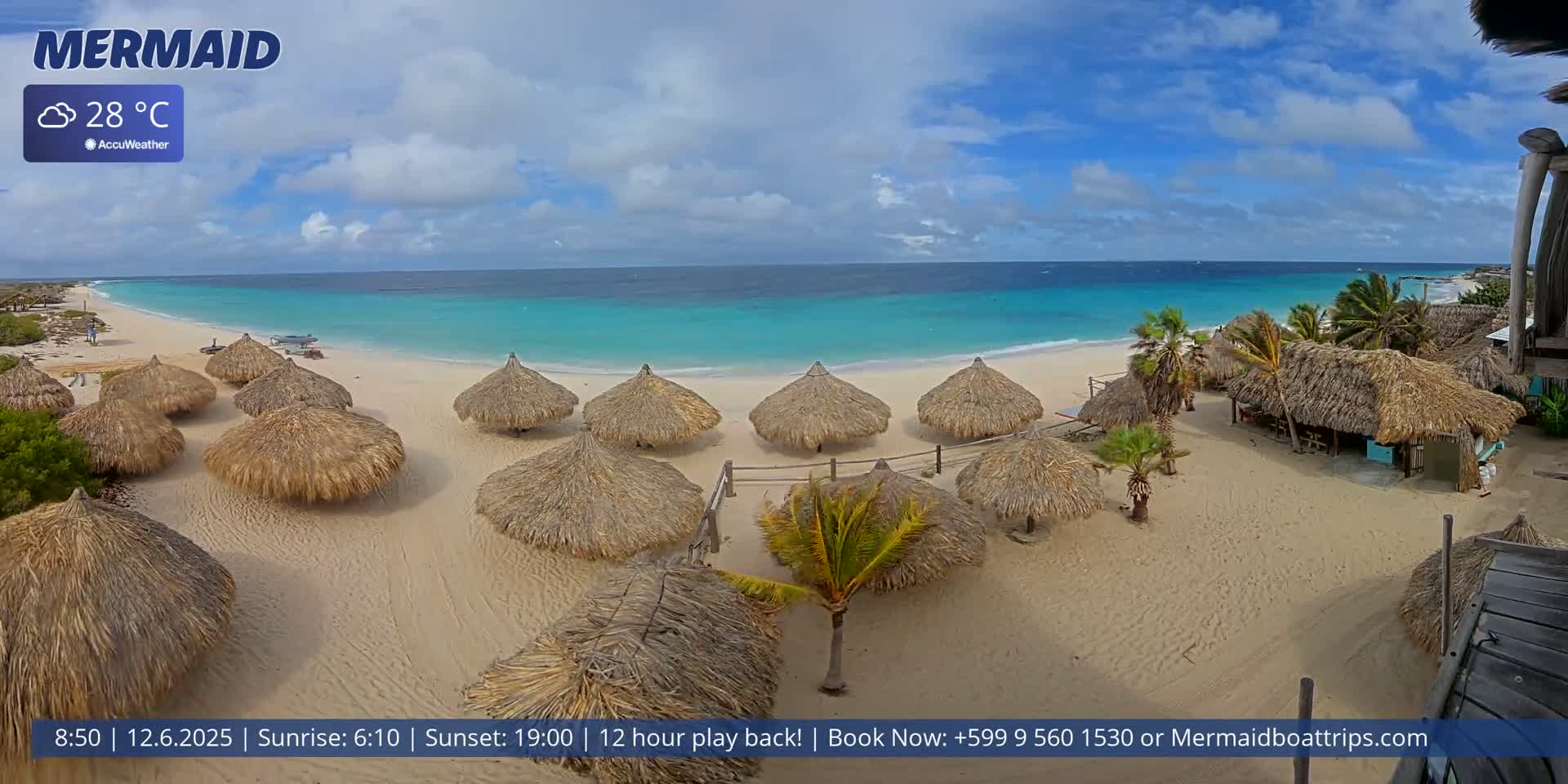 A partly cloudy day shows a sandy beach with numerous thatched-roof huts and turquoise water.