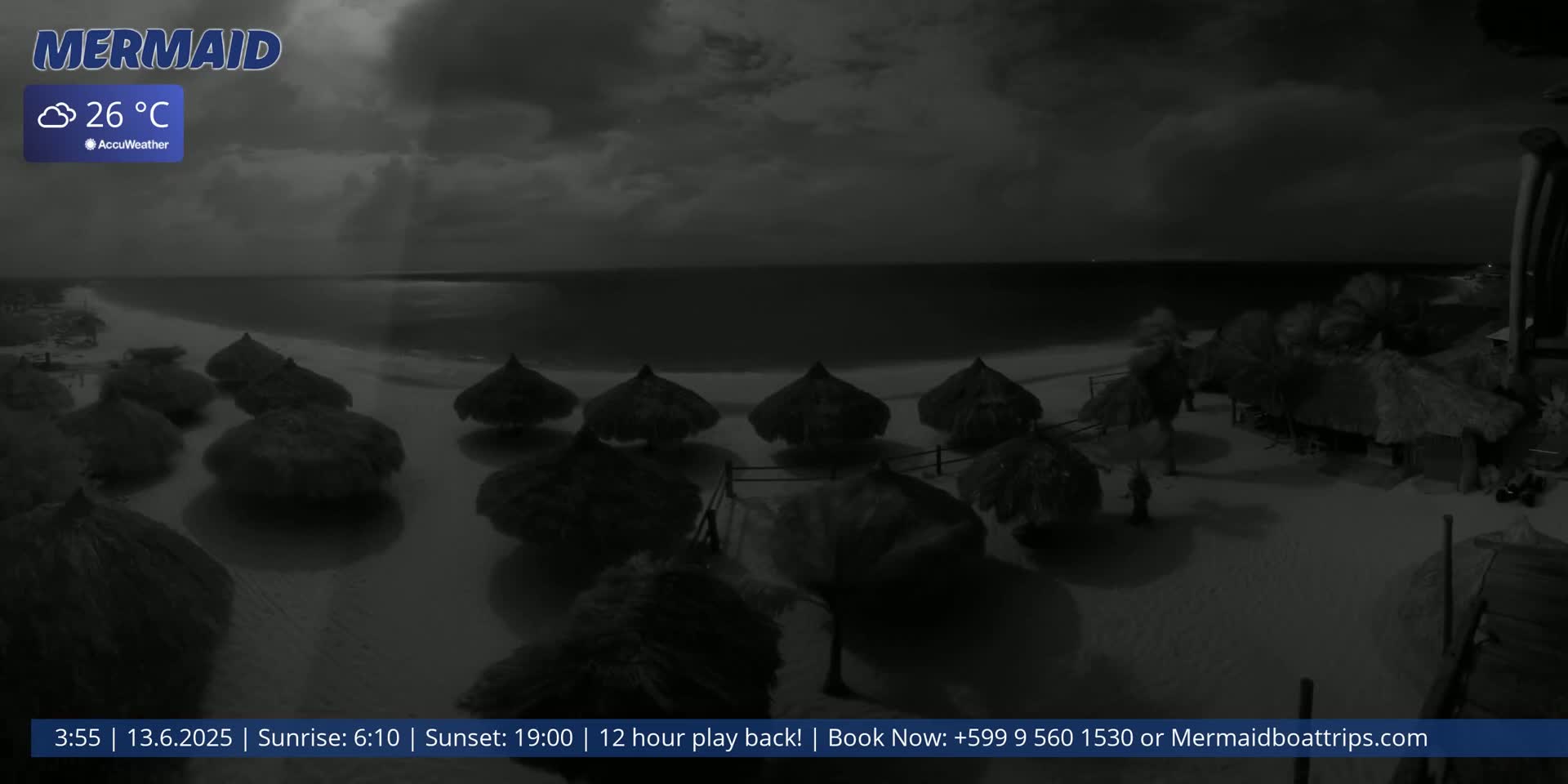 A nighttime beach scene under cloudy skies shows several thatch-roofed beach umbrellas on the sand near a calm ocean.