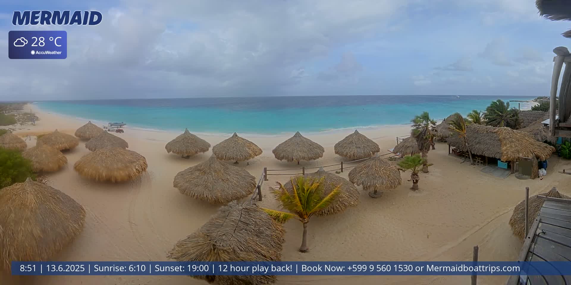 A sandy beach with numerous thatched umbrellas, palm trees, and beachfront structures is visible, overlooking a calm turquoise ocean under a partly cloudy sky.