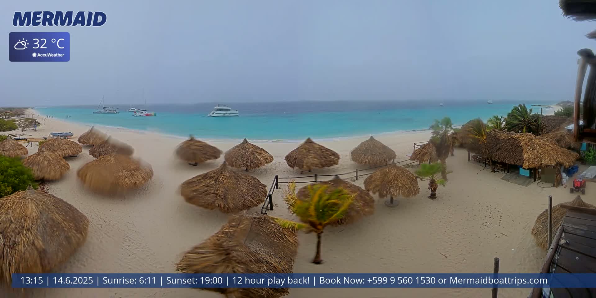 A beach scene with numerous thatched umbrellas and a few boats offshore under an overcast sky, with the temperature at 32°C.