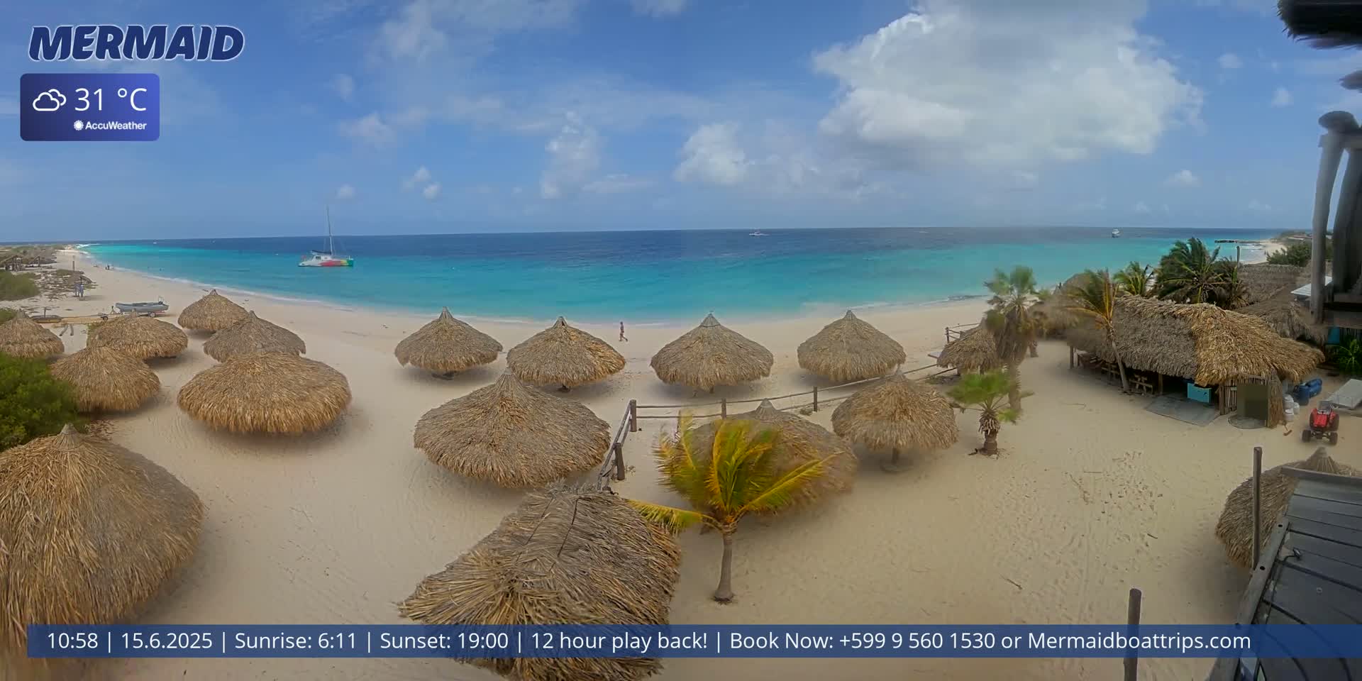 A partly cloudy, sunny day on a beach with turquoise water, numerous thatch-roofed beach umbrellas, and a few beachside structures.