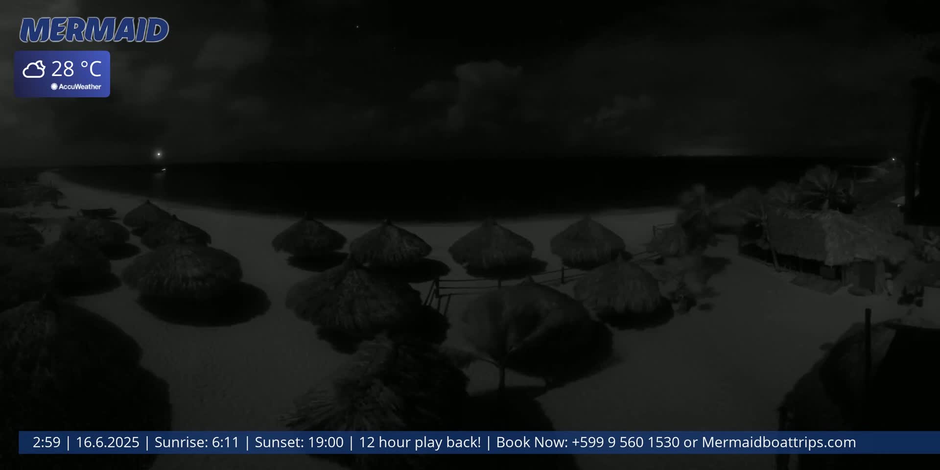 A nighttime beach scene with several thatched-roof umbrellas on the sand, under a partly cloudy sky, with a calm sea in the background.