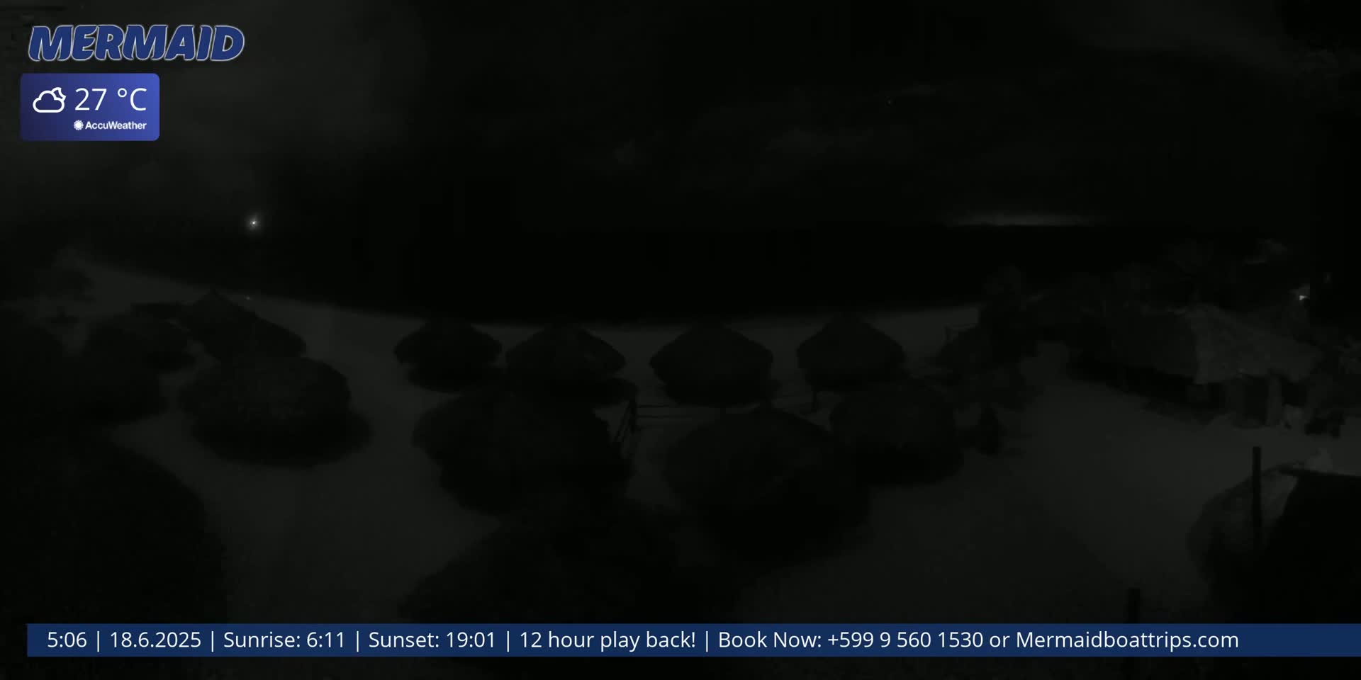 A nighttime, low-light view of several dark, rounded structures, possibly beach umbrellas or cabanas, on a flat surface under a cloudy, 27°C sky.