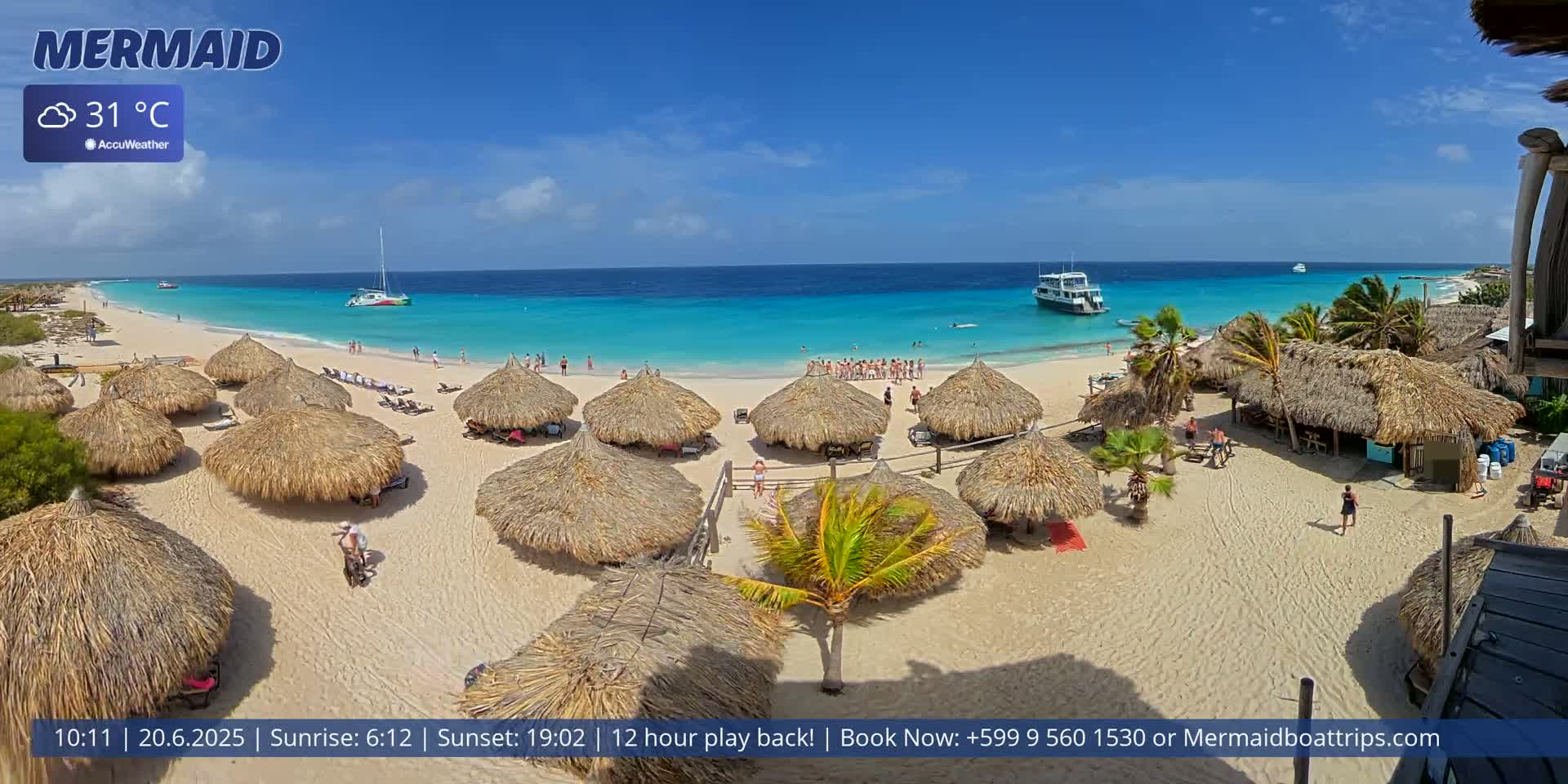 A sunny beach scene with turquoise water, numerous thatched umbrellas, and a few boats offshore.