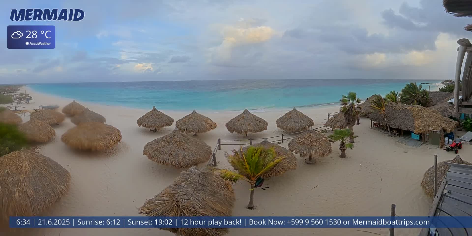 A beach with numerous thatch-roofed umbrellas, a turquoise ocean, and overcast skies.