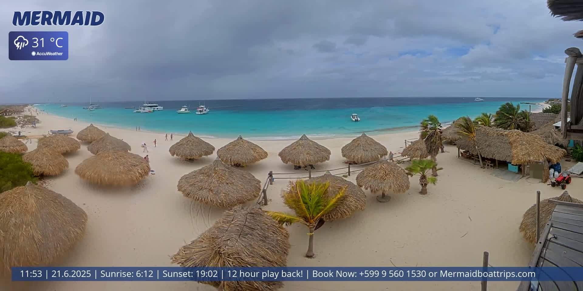 A beach with numerous thatched-roof umbrellas, several boats offshore, and people scattered on the sand under an overcast sky.