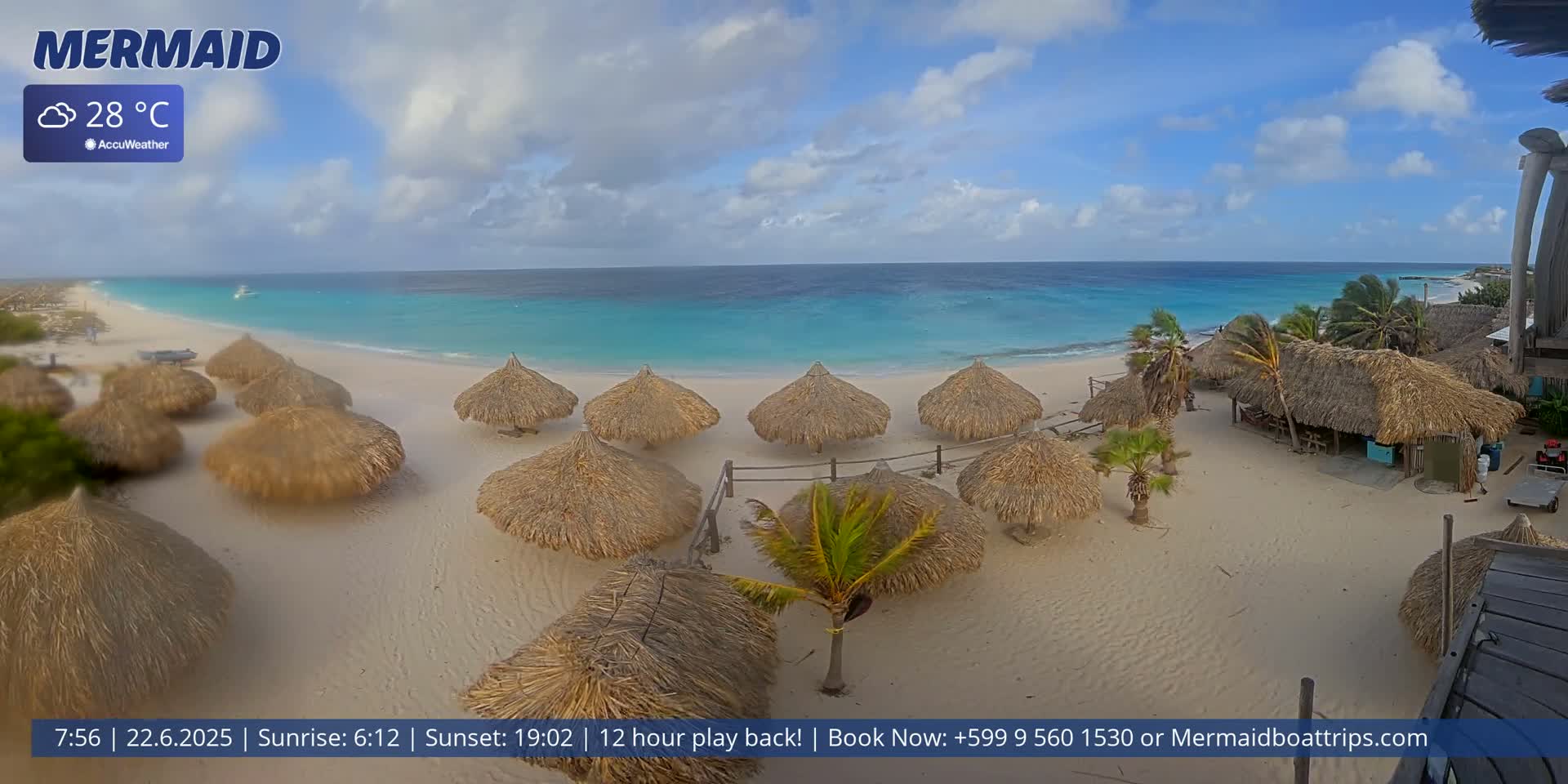 A sandy beach with numerous thatched-roof umbrellas, palm trees, and a turquoise ocean under a partly cloudy sky.
