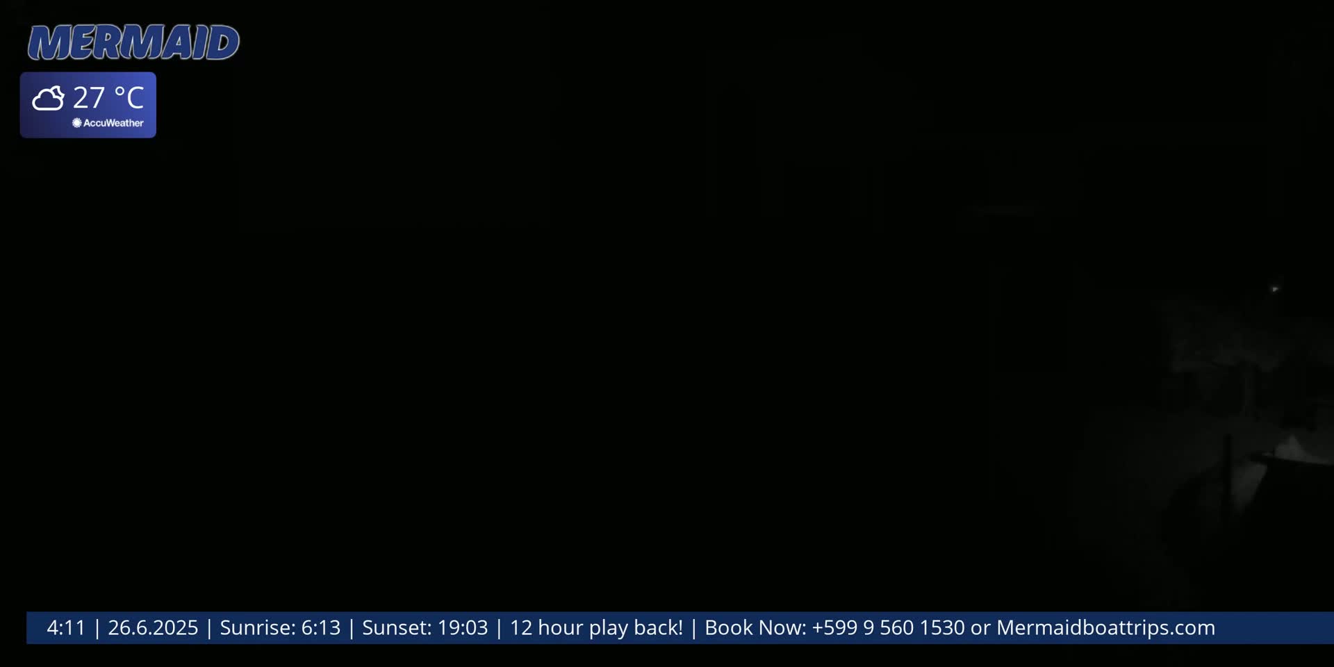 A mostly dark nighttime scene with a cloudy sky and a temperature of 27°C.