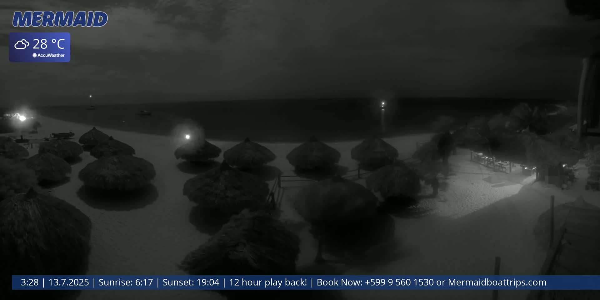 A nighttime beach scene shows several dark, thatched beach umbrellas on a sandy shore under a cloudy, dark sky.