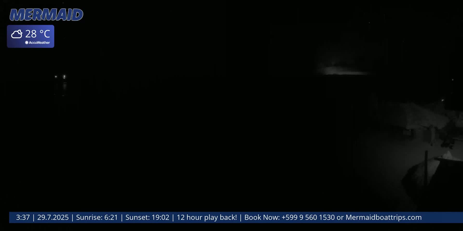 A dark, nighttime scene shows a faintly illuminated area with a few indistinct objects, under cloudy skies with a temperature of 28 degrees Celsius.