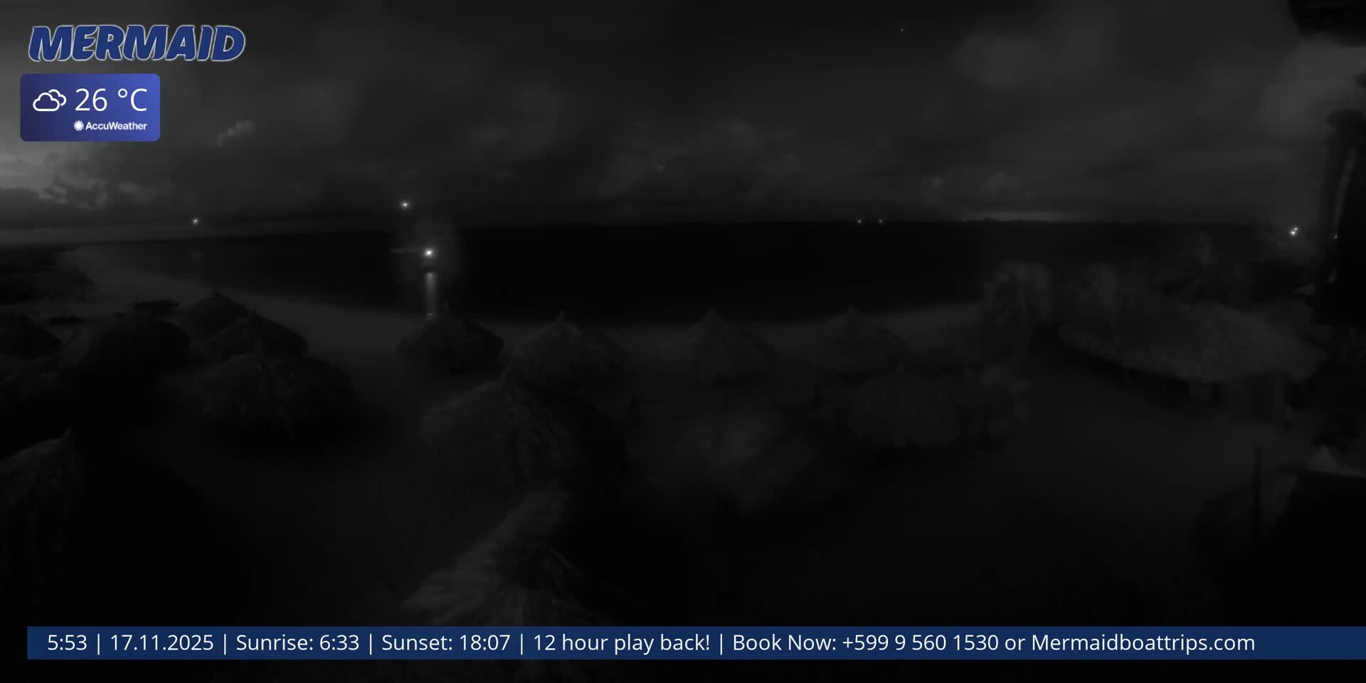 The image displays a dark, pre-dawn beach scene featuring numerous straw palapas on the sand in the foreground, a calm ocean stretching to the horizon, and an overcast sky with a few faint lights visible in the distance.