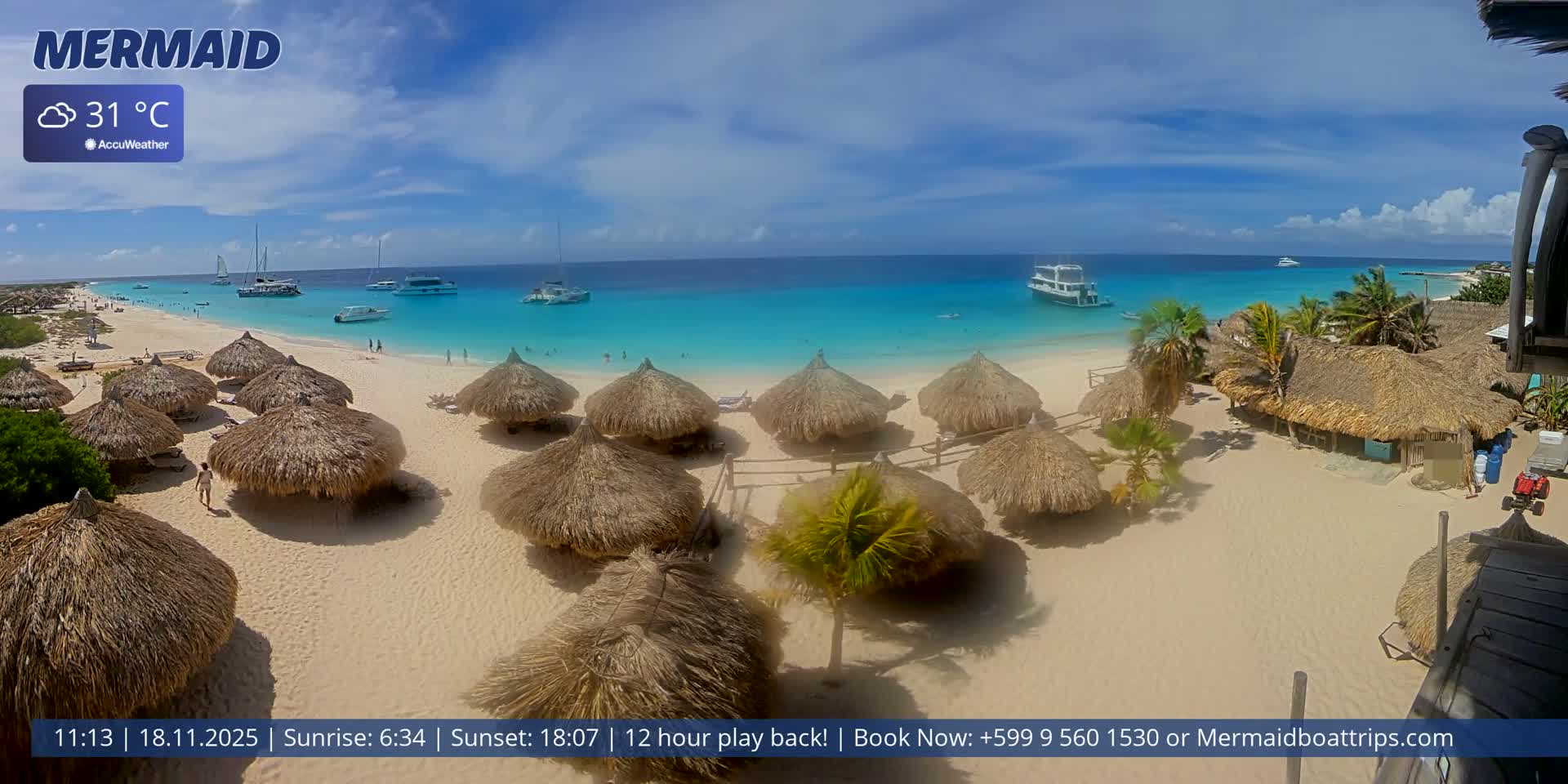 The image displays a dark, pre-dawn beach scene featuring numerous straw palapas on the sand in the foreground, a calm ocean stretching to the horizon, and an overcast sky with a few faint lights visible in the distance.