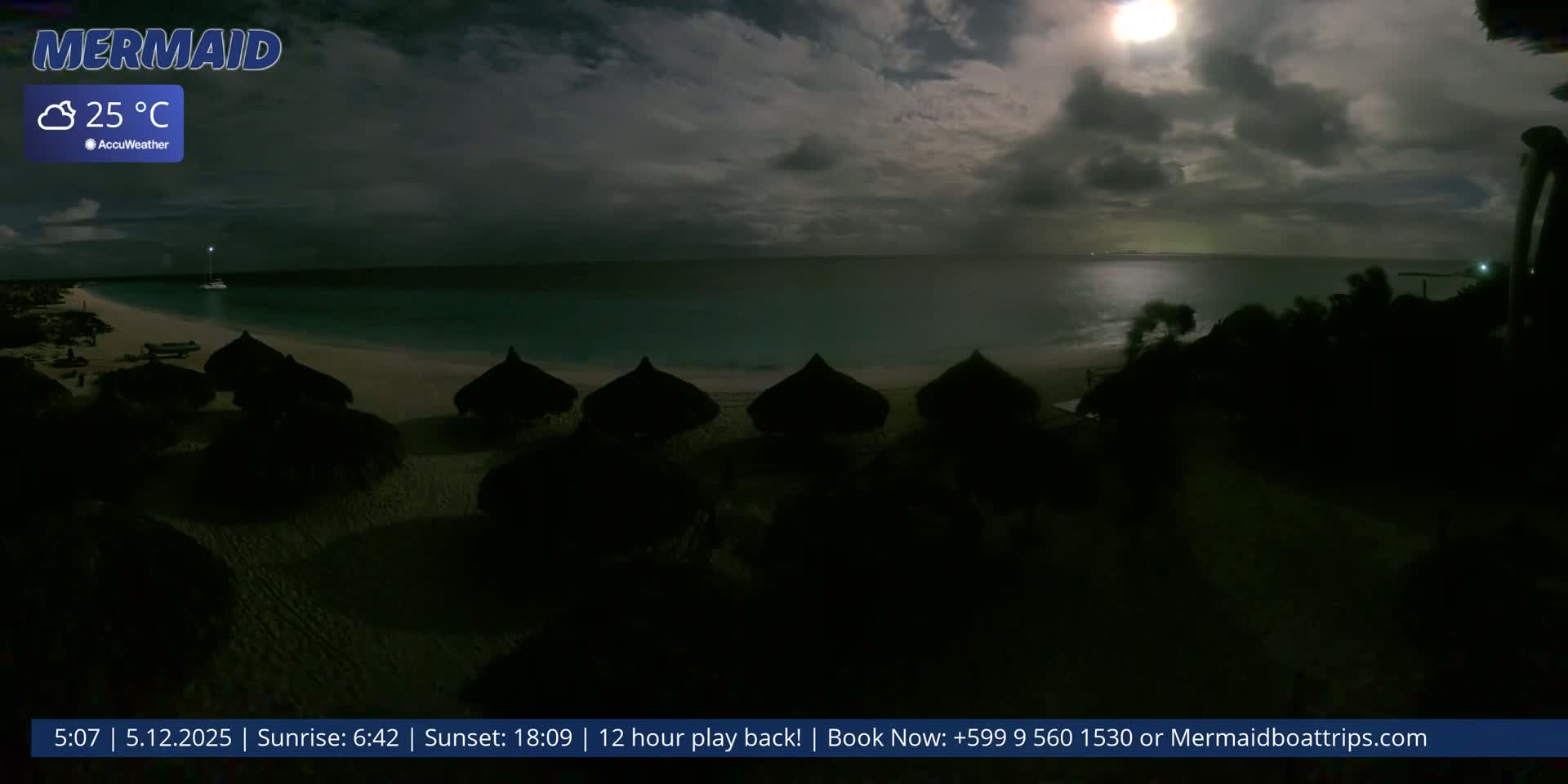 Under a cloudy night sky with a bright, obscured moon, a dimly lit beach features dark thatched umbrellas and a sailboat anchored in the calm ocean, reflecting distant lights.