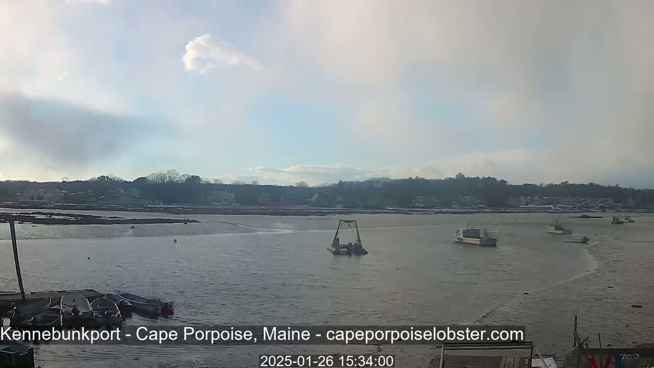 A calm, overcast day shows several small boats on a body of water in front of a snow-dusted shoreline with houses and trees.
